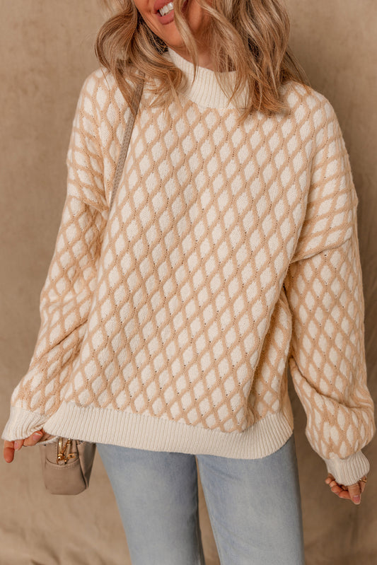 Smoke Gray Rhombus Textured Knit Mock Neck Sweater-Sweaters & Cardigans/Sweaters-[Adult]-[Female]-Smoke Gray-S-2022 Online Blue Zone Planet