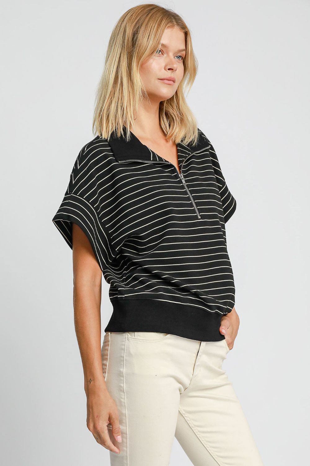 Umgee Striped Half Zip Short Sleeve Sweatshirt-TOPS / DRESSES-[Adult]-[Female]-2022 Online Blue Zone Planet