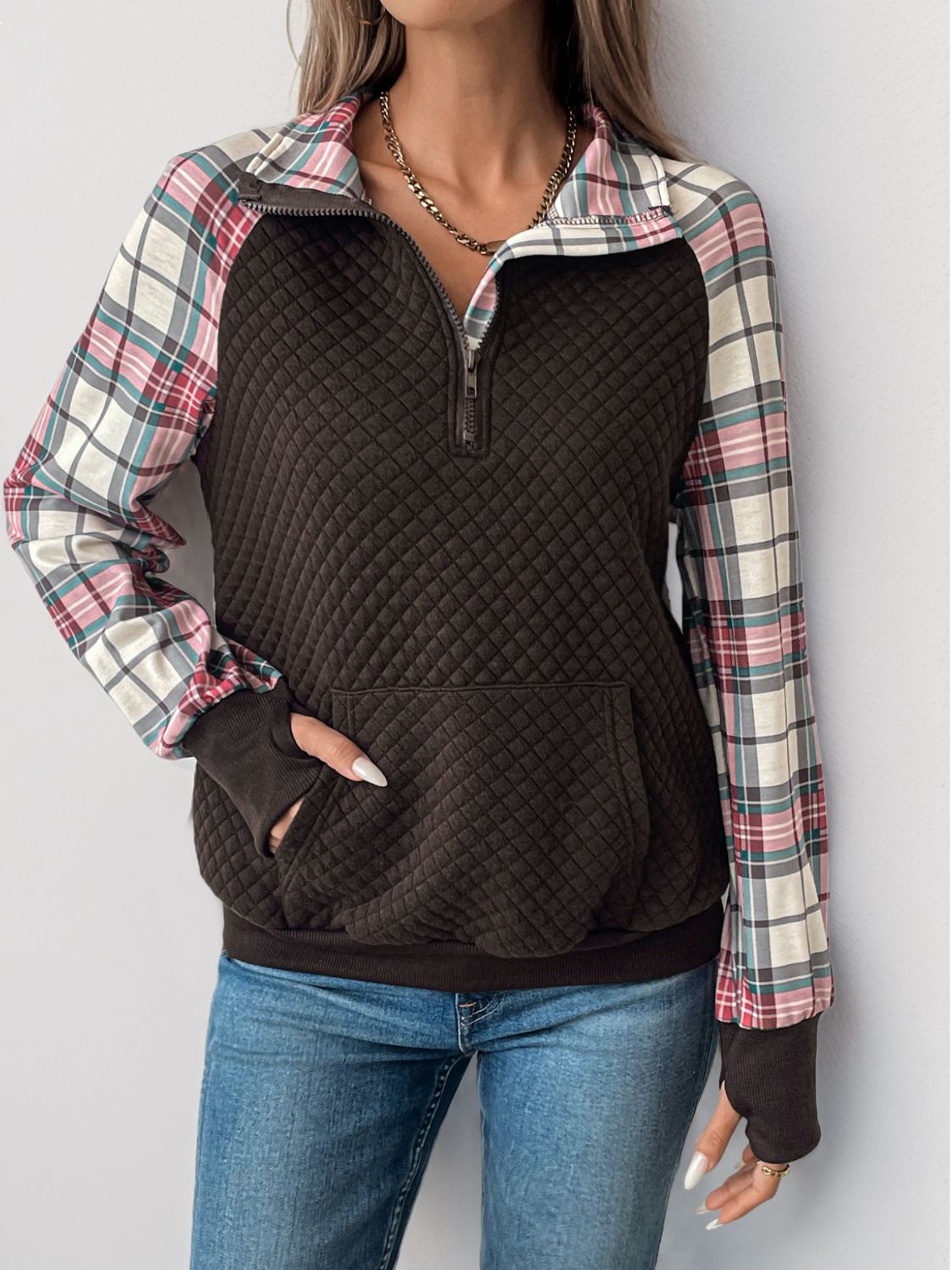 Perfee Plaid Half Zip Long Sleeve Sweatshirt-TOPS / DRESSES-[Adult]-[Female]-2022 Online Blue Zone Planet