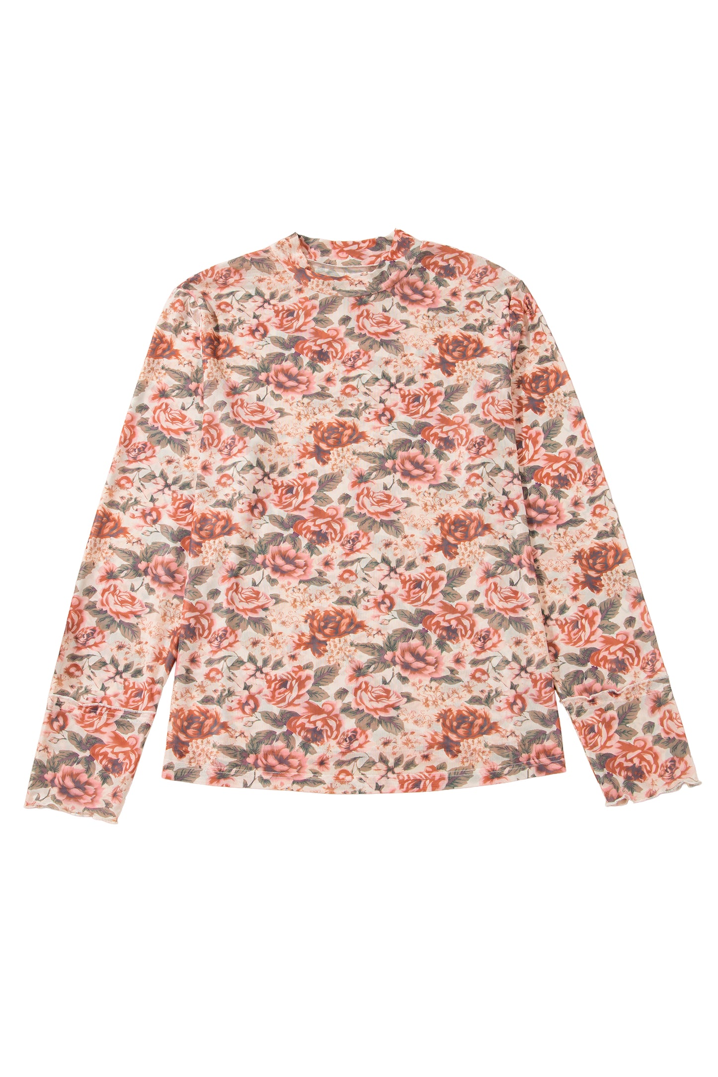 Pink Plus Size Floral Mock Neck Long Sleeve Slim Top-Plus Size/Plus Size Tops/Plus Size Long Sleeve Tops-[Adult]-[Female]-2022 Online Blue Zone Planet