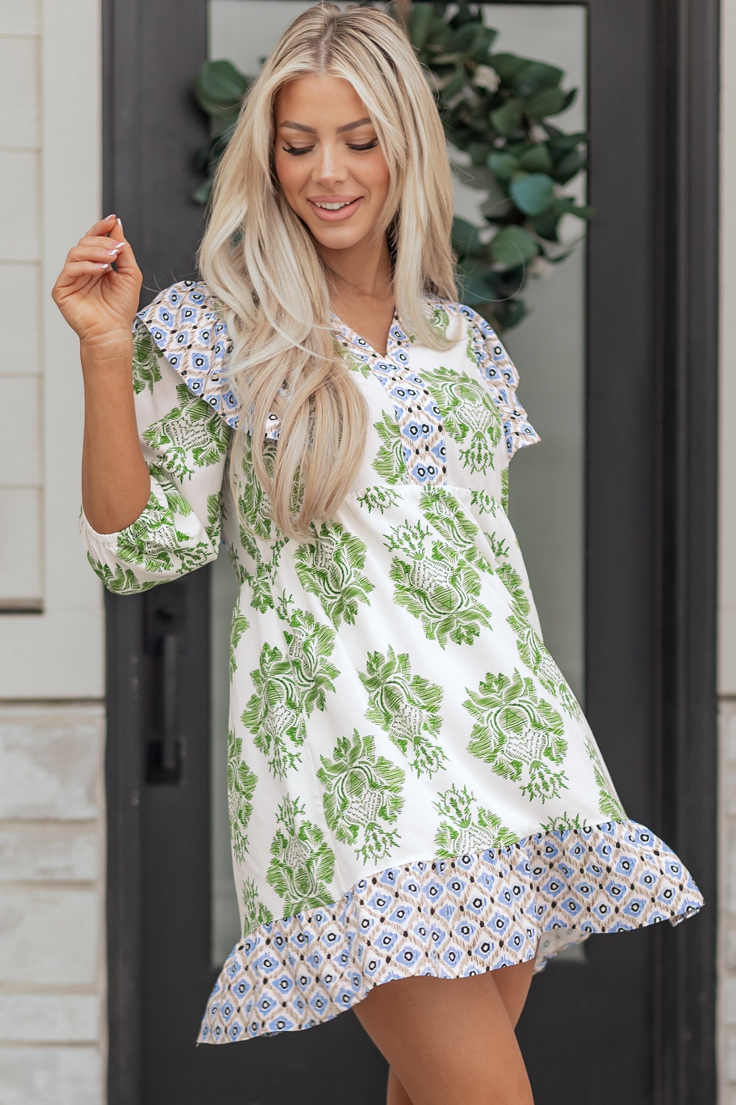 Green Floral Print Contrast Patchwork Ruffle Detail Mini Dress-TOPS / DRESSES-[Adult]-[Female]-2022 Online Blue Zone Planet