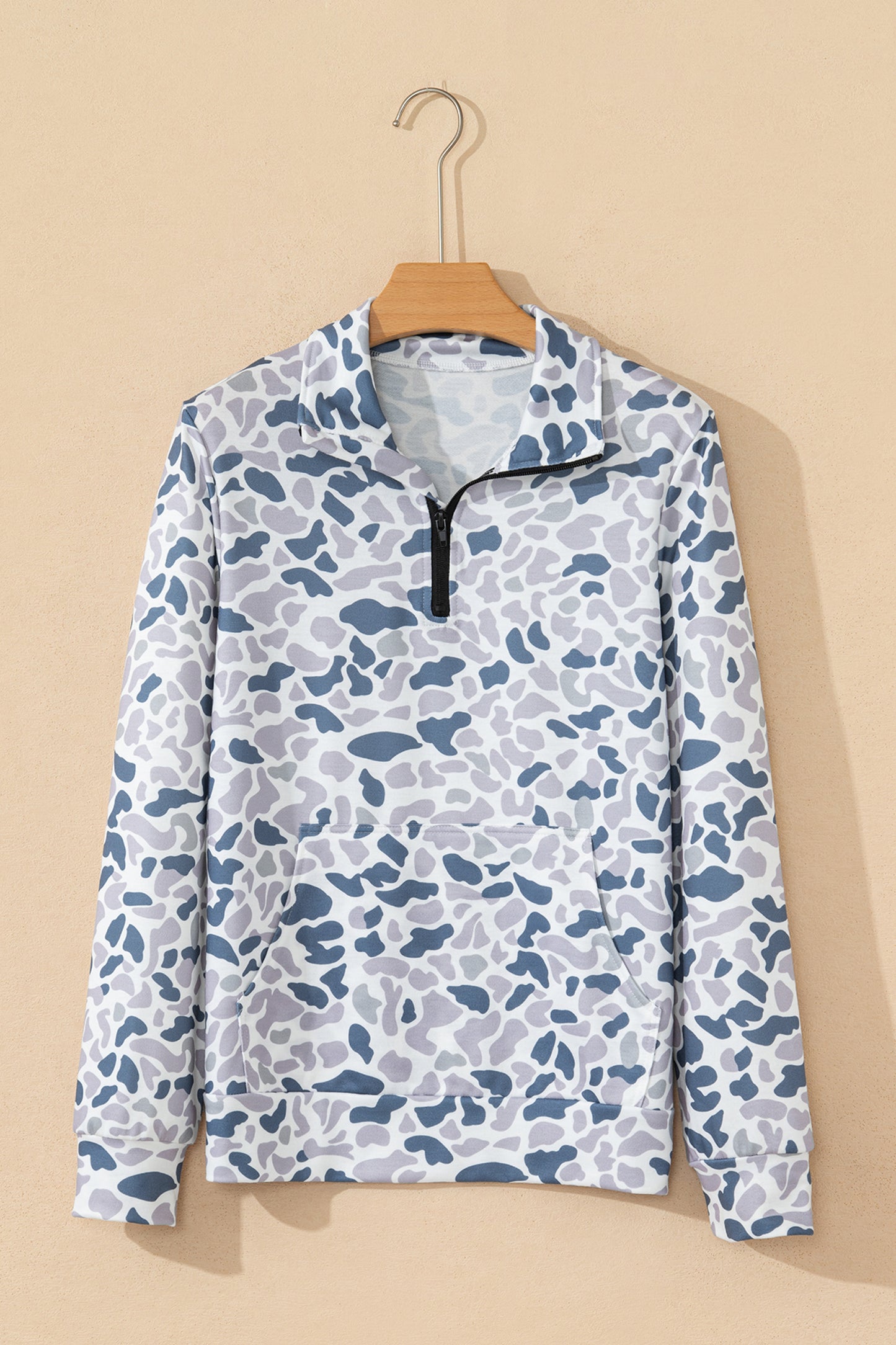 Multicolour Camouflage Print Kangaroo Pocket Zip Collar Pullover Sweatshirt-Tops/Sweatshirts & Hoodies-[Adult]-[Female]-2022 Online Blue Zone Planet