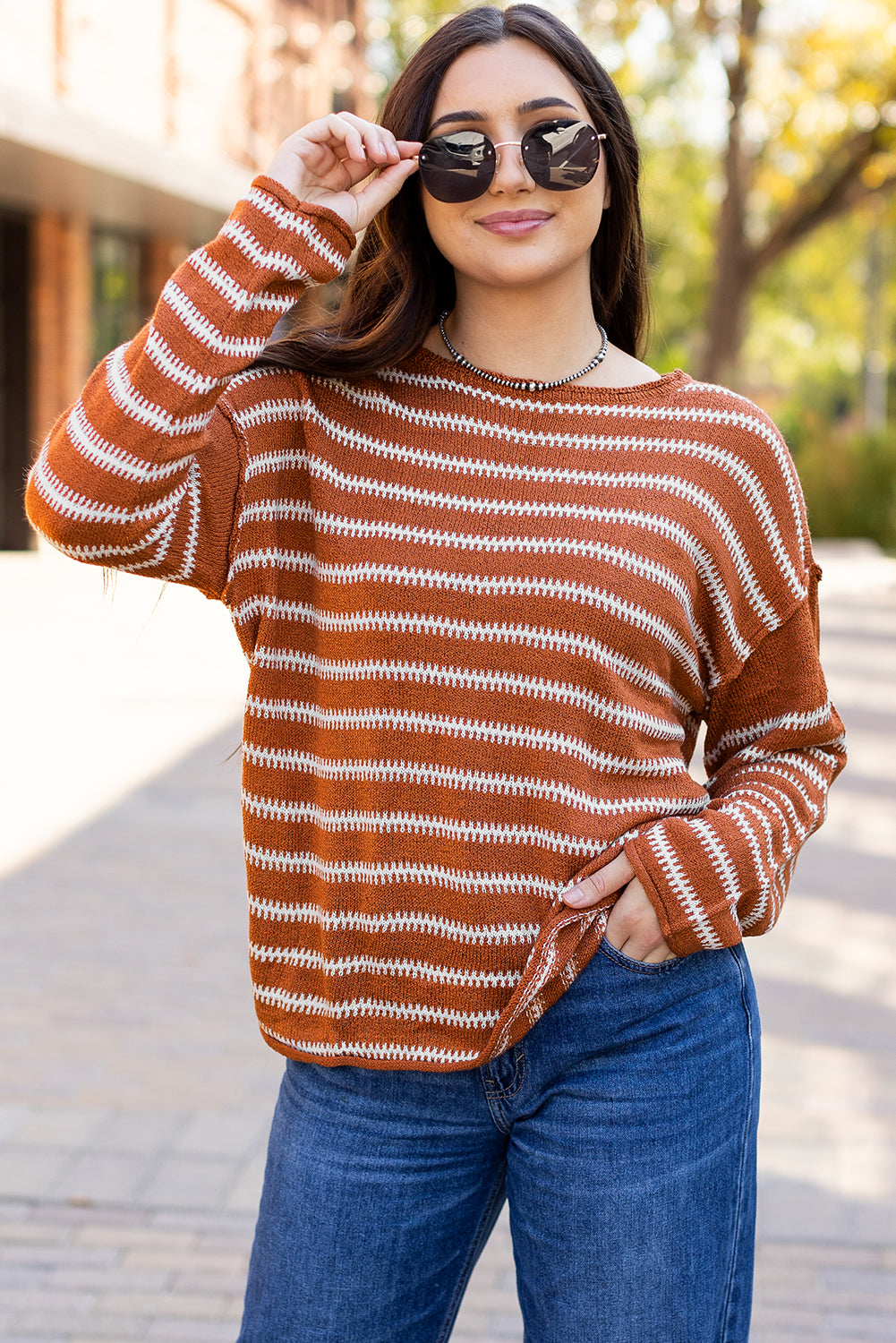 Blue Zone Planet | Green Stripe Drop Shoulder Sweater-TOPS / DRESSES-[Adult]-[Female]-2022 Online Blue Zone Planet