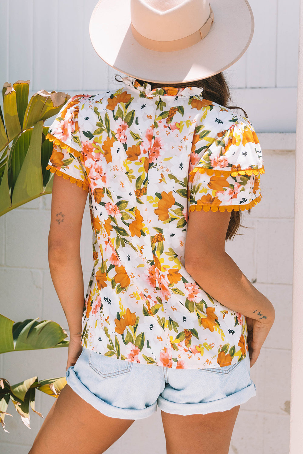 Russet Orange Ruffled V Neck Scalloped Short Sleeve Floral Blouse-Tops/Blouses & Shirts-[Adult]-[Female]-2022 Online Blue Zone Planet