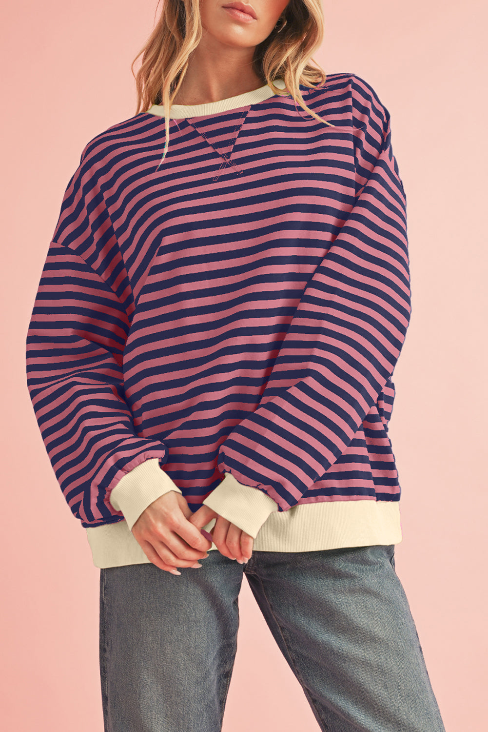 Black Stripe Contrast Edge Cross Seam Oversized Sweatshirt-Sweatshirts & Hoodies-[Adult]-[Female]-2022 Online Blue Zone Planet