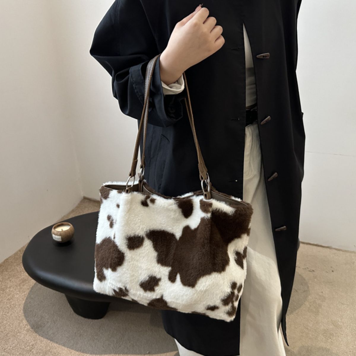 Blue Zone Planet | Cow Print Furry Tote Bag-HANDBAGS-[Adult]-[Female]-2022 Online Blue Zone Planet