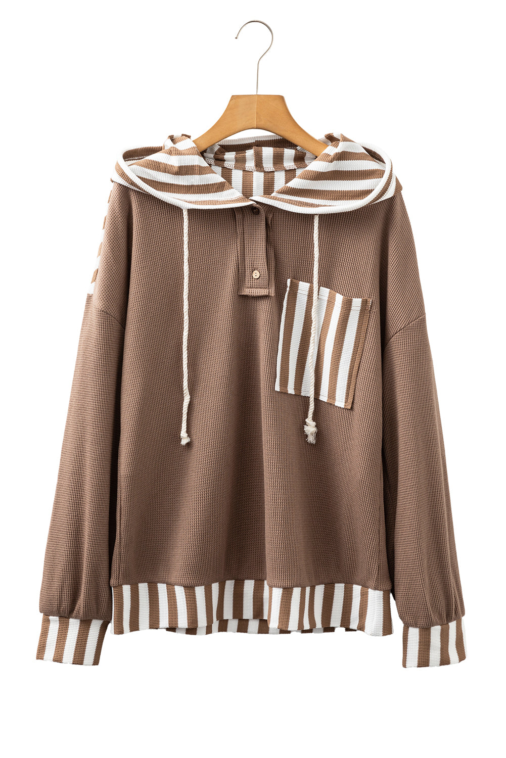 Straw Yellow Waffle Texture Striped Patchwork Button Neck Drawstring Hoodie-Tops / Dresses-[Adult]-[Female]-2022 Online Blue Zone Planet