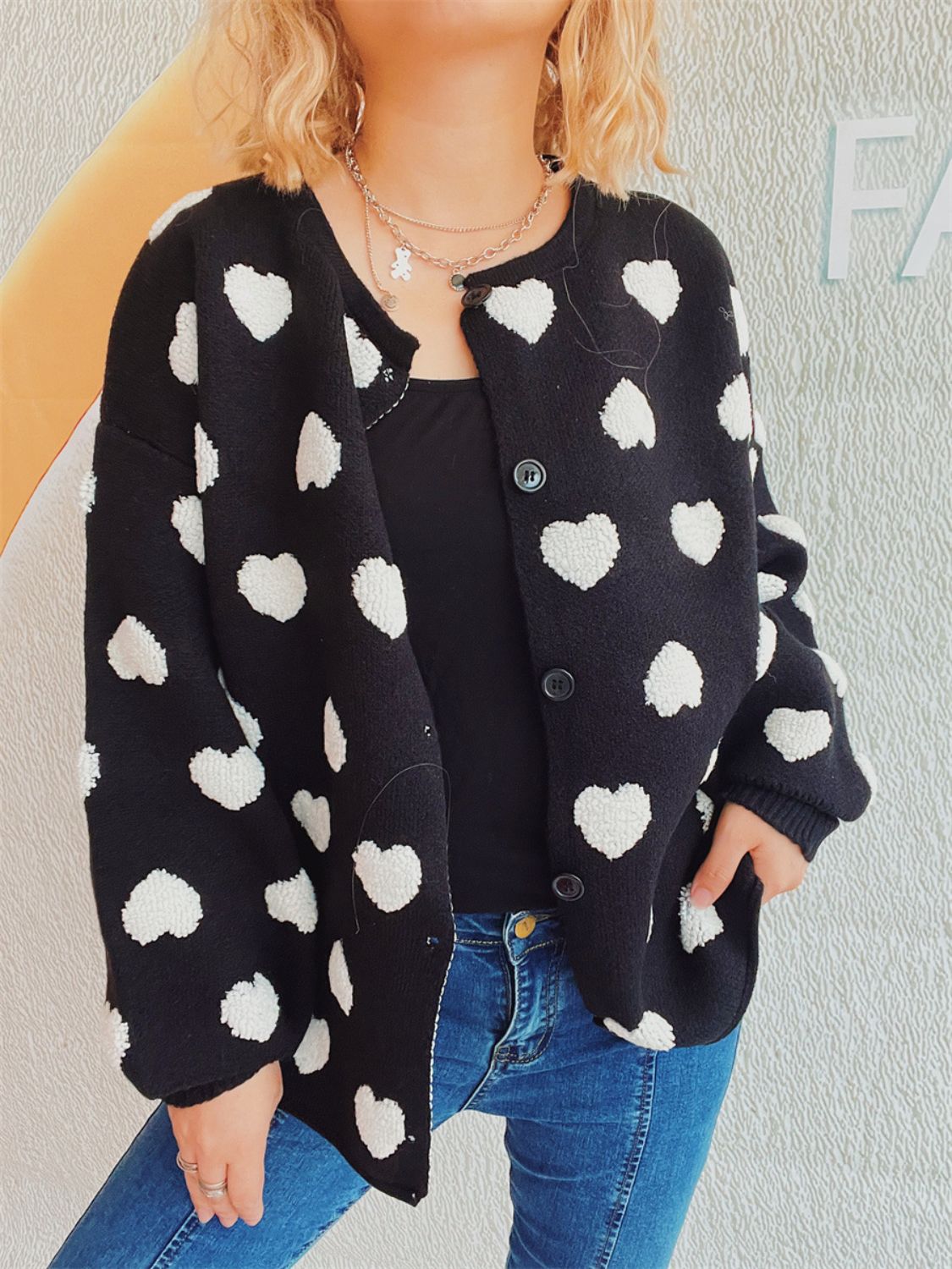 Heart Button Up Long Sleeve Cardigan-TOPS / DRESSES-[Adult]-[Female]-Black-One Size-2022 Online Blue Zone Planet