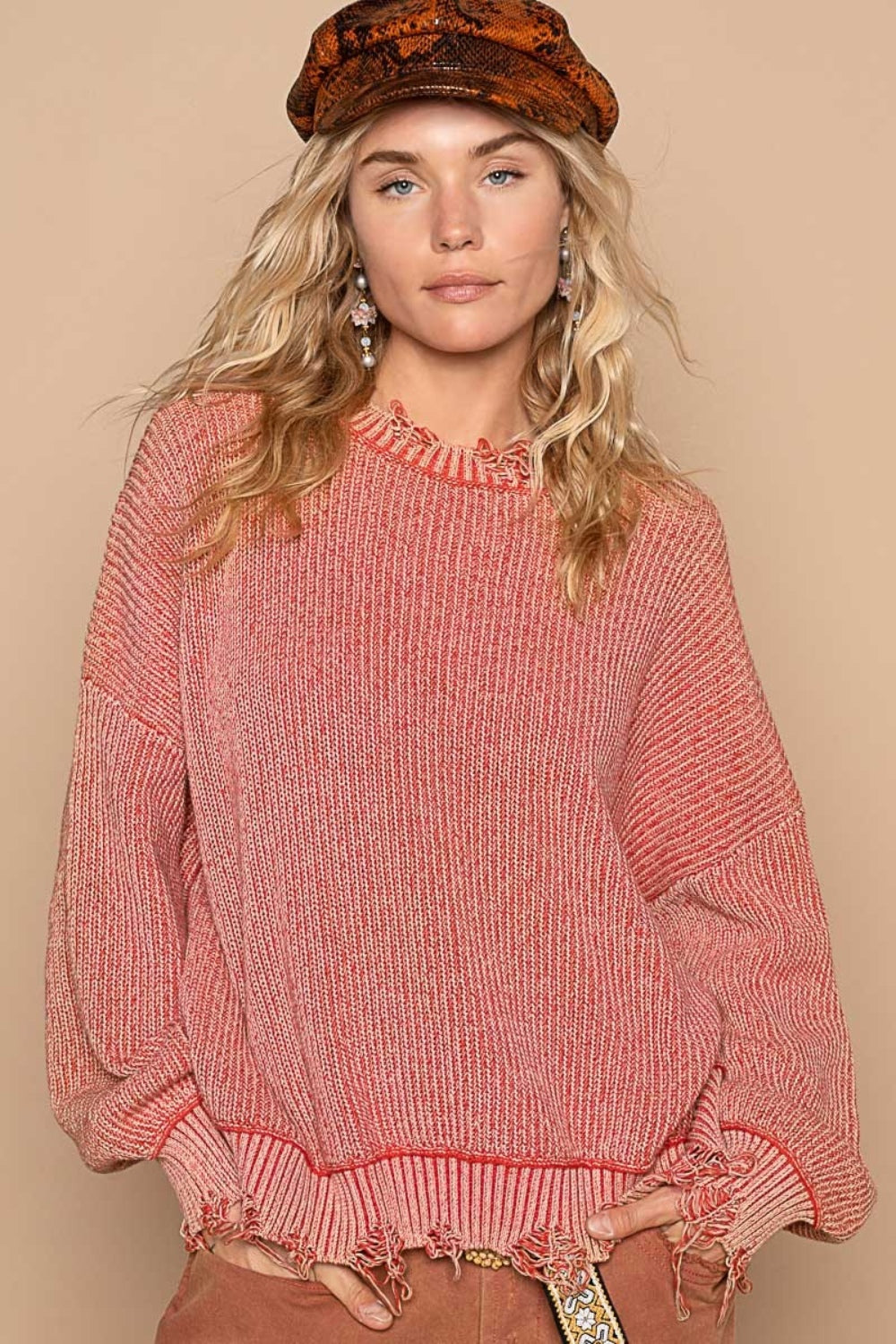 POL Distressed Washed Drop Shoulder Sweater-TOPS / DRESSES-[Adult]-[Female]-Red Brick-S-2022 Online Blue Zone Planet