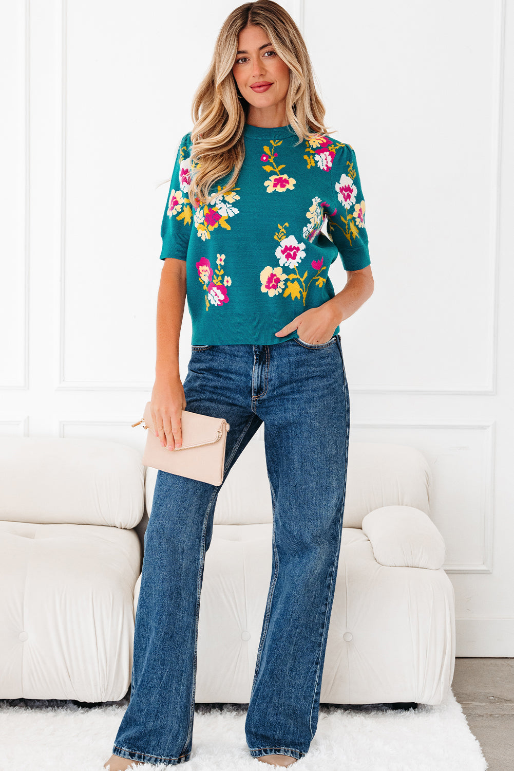 Blue Flower Pattern Mock Neck Short Sleeve Knitted T Shirt-Sweaters & Cardigans/Short Sleeve Sweaters-[Adult]-[Female]-2022 Online Blue Zone Planet