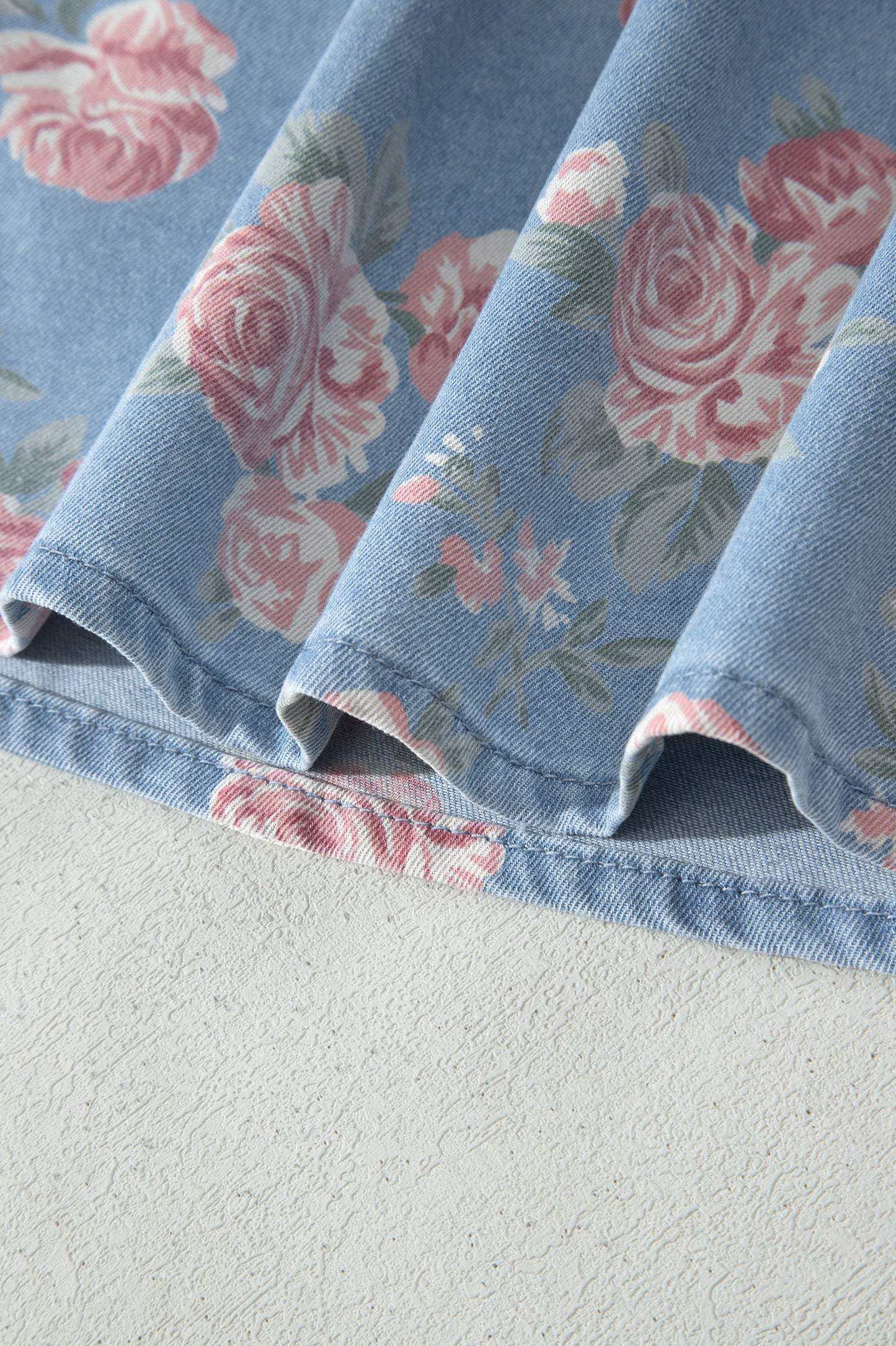 Sky Blue Floral Denim Short Sleeve Top Loose Shorts 2pcs Set-Two Piece Sets/Short Sets-[Adult]-[Female]-2022 Online Blue Zone Planet