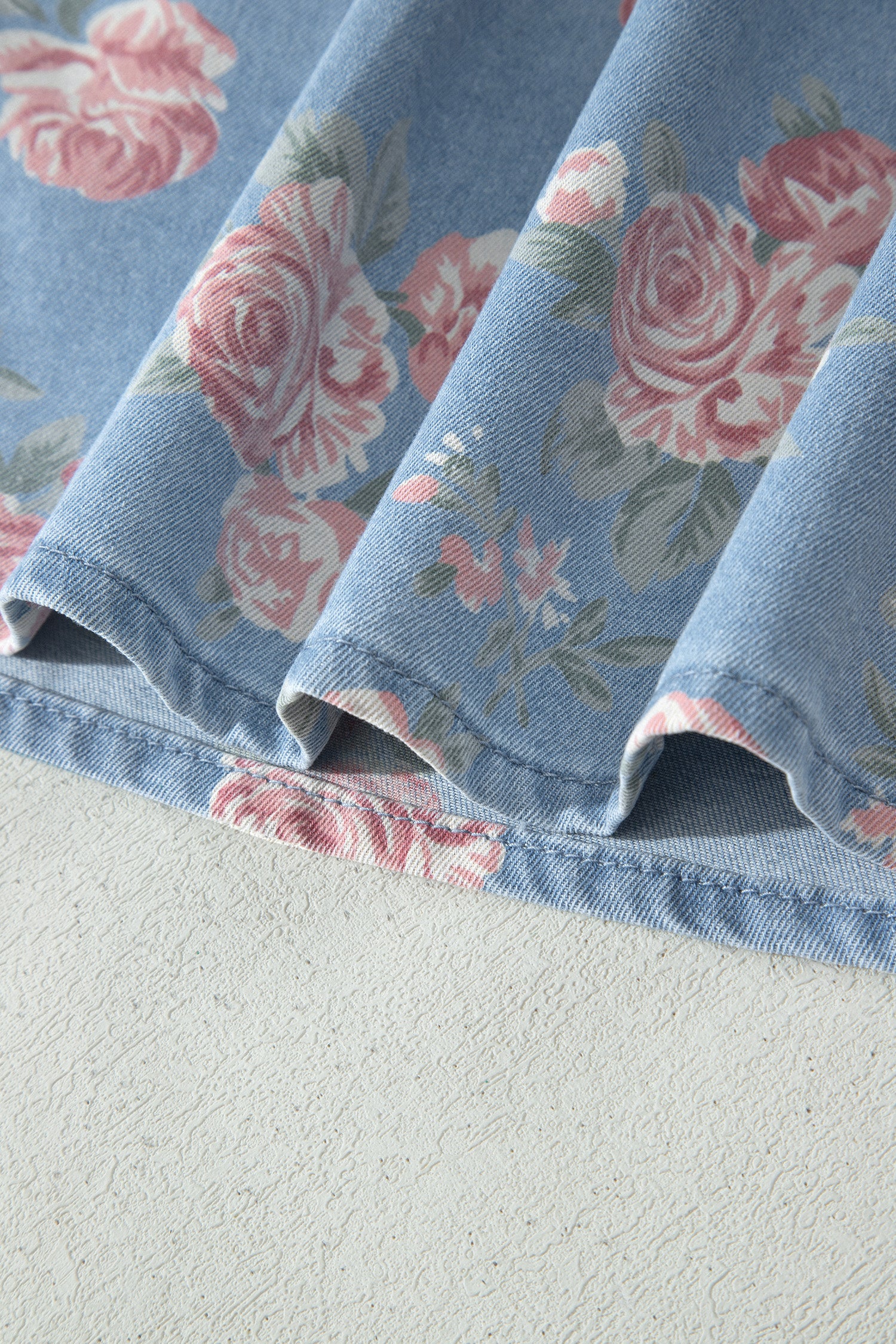 Sky Blue Floral Denim Short Sleeve Top Loose Shorts 2pcs Set-Two Piece Sets/Short Sets-[Adult]-[Female]-2022 Online Blue Zone Planet