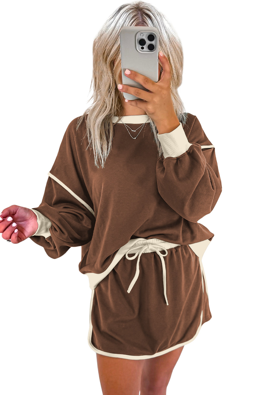 Blue Zone Planet | Rose Red Color Contrast Loose Pullover And Lace-Up Waist Skort Set-Two Piece Sets/Two Piece Dresses-[Adult]-[Female]-2022 Online Blue Zone Planet