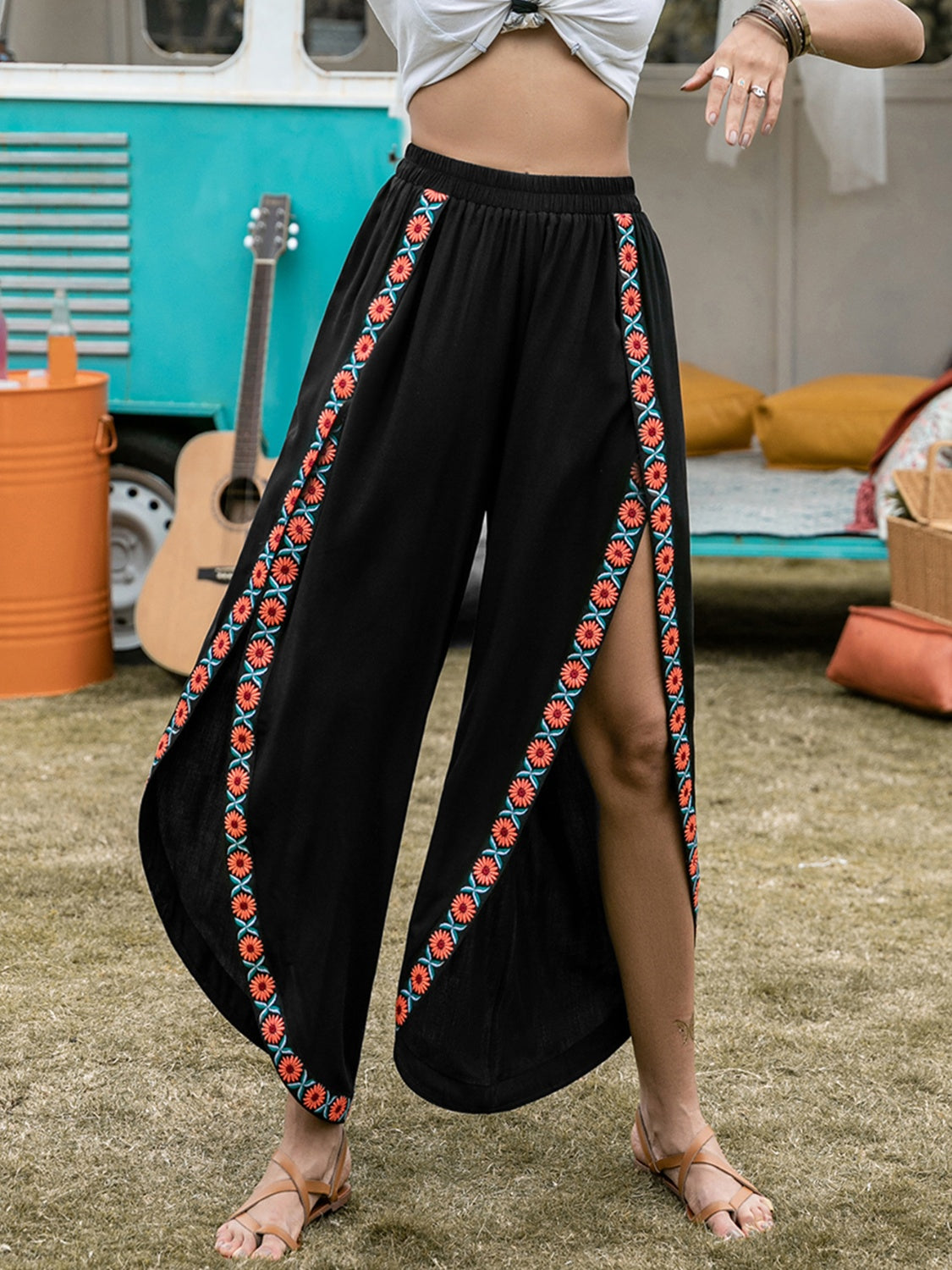 Slit Elastic Waist Wide Leg Pants-[Adult]-[Female]-Black-S-2022 Online Blue Zone Planet