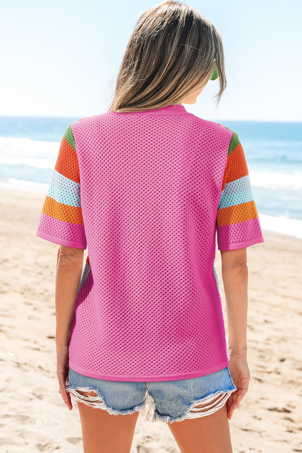 Orange Color Block Eyelet Casual Sweater T Shirt-Sweaters & Cardigans/Short Sleeve Sweaters-[Adult]-[Female]-2022 Online Blue Zone Planet