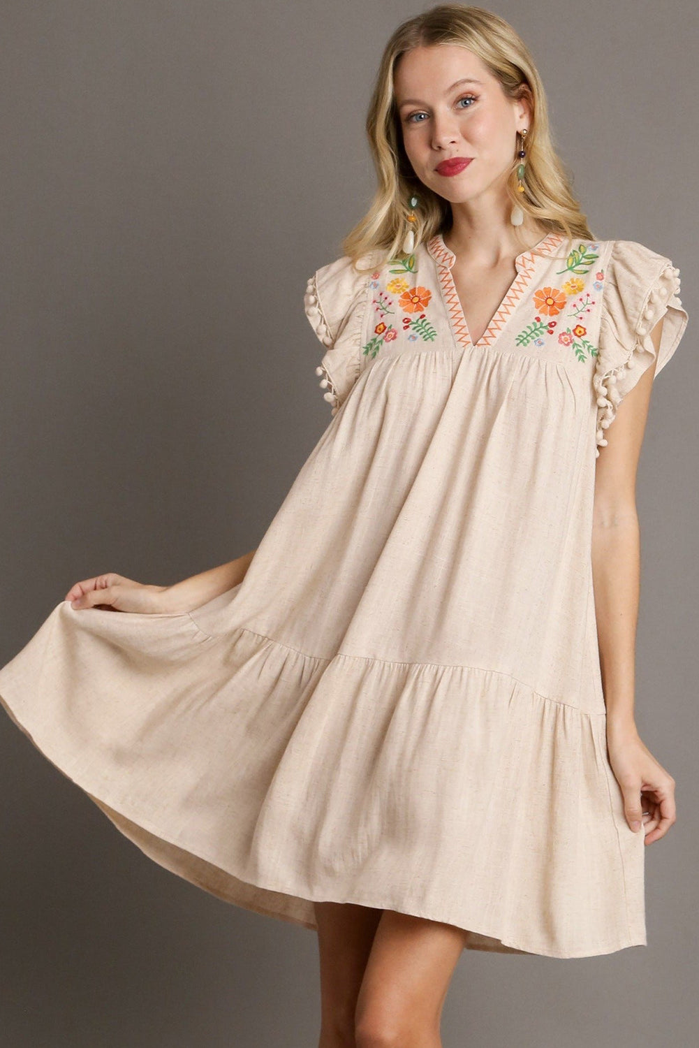 Jet Stream Linen Embroidery Split Neck Pom Pom Ruffle Sleeves Flowy Short Dress-Dresses/Mini Dresses-[Adult]-[Female]-2022 Online Blue Zone Planet
