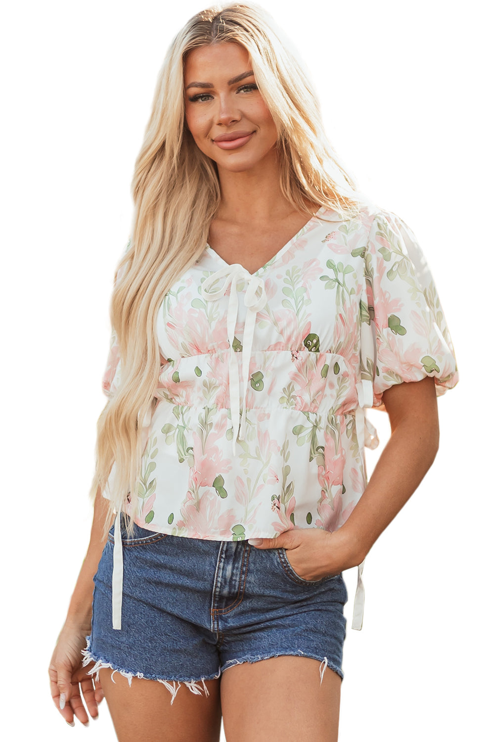 Pink Floral Puff Sleeve V Neck Tied Front Peplum Blouse-Tops/Blouses & Shirts-[Adult]-[Female]-2022 Online Blue Zone Planet