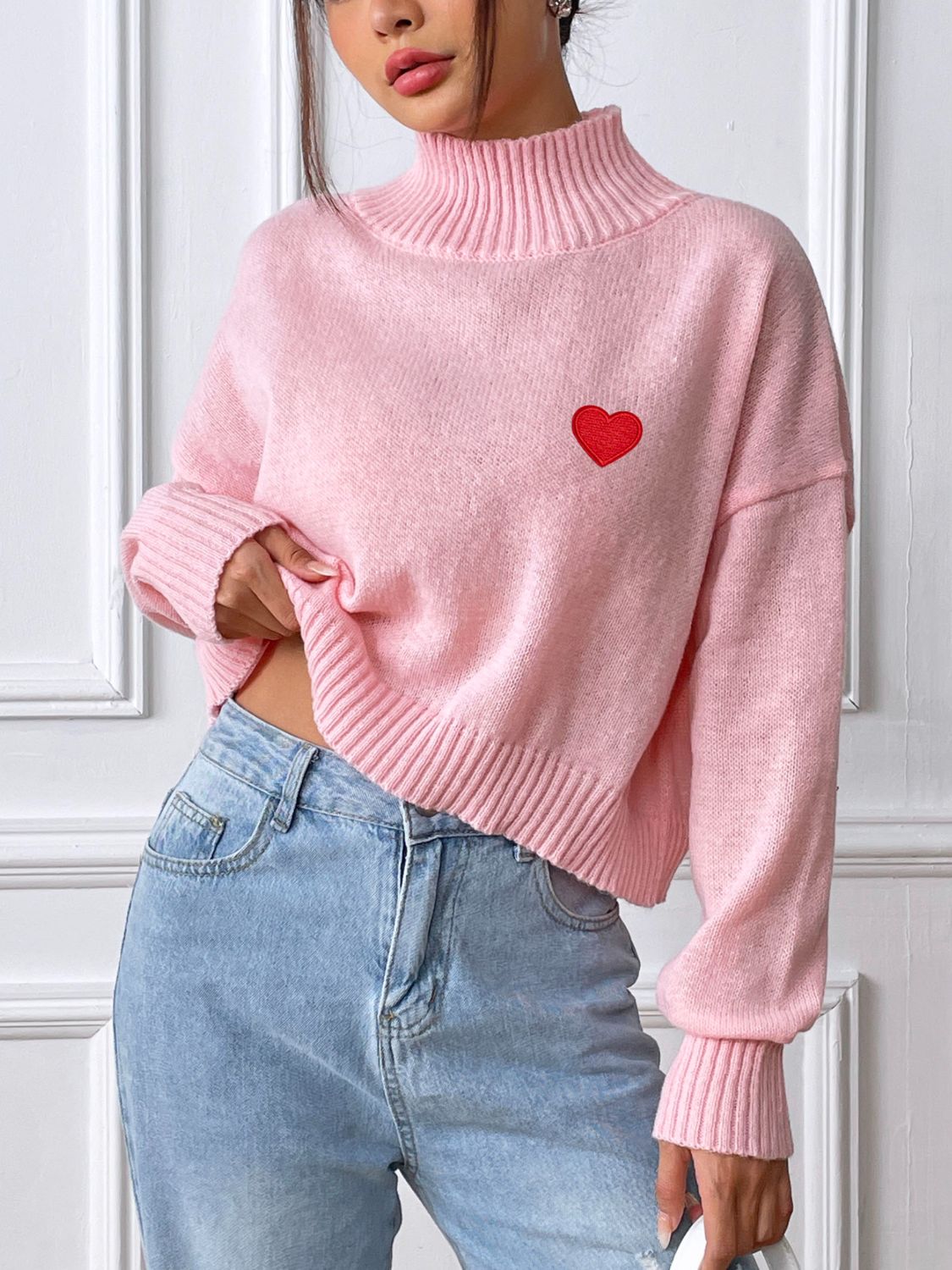 Blue Zone Planet | Heart Turtleneck Long Sleeve Sweater-TOPS / DRESSES-[Adult]-[Female]-2022 Online Blue Zone Planet