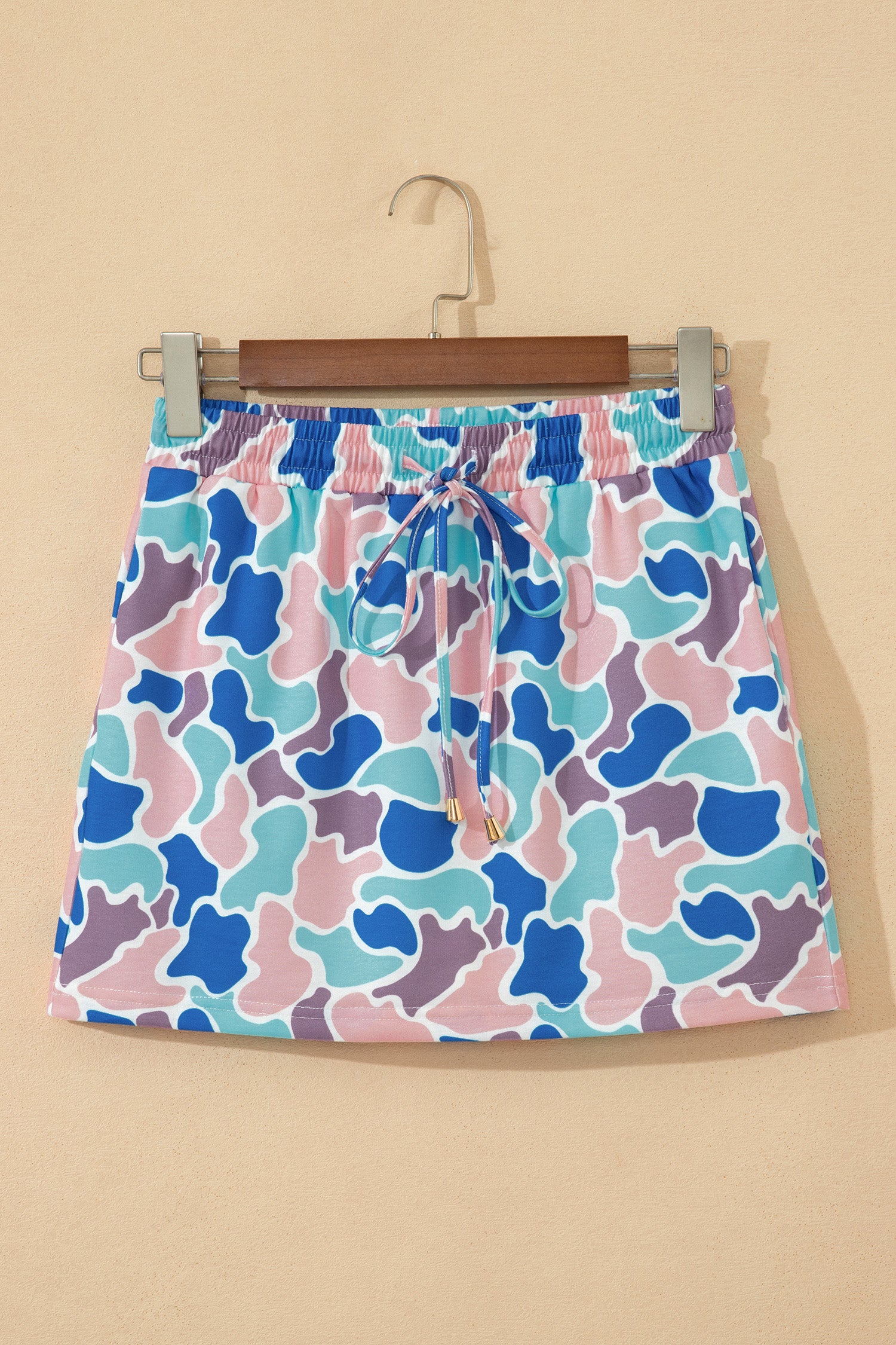 Sky Blue Abstract Camo Elastic Waist Drawstring Mini Skort-Bottoms/Skirts & Petticoat-[Adult]-[Female]-2022 Online Blue Zone Planet
