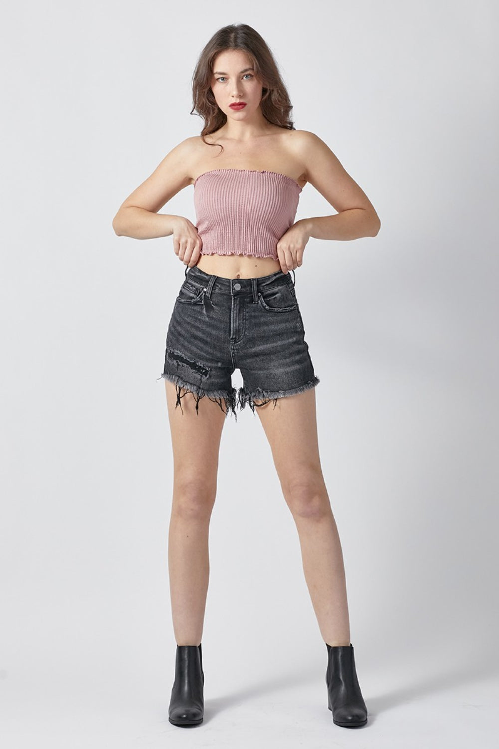 RISEN Raw Hem Denim Shorts with Pockets-BOTTOMS SIZES SMALL MEDIUM LARGE-[Adult]-[Female]-2022 Online Blue Zone Planet