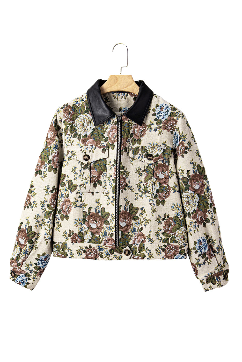 Khaki Floral Print Zip Up Contrast Collared Jacket-Outerwear/Jackets-[Adult]-[Female]-2022 Online Blue Zone Planet