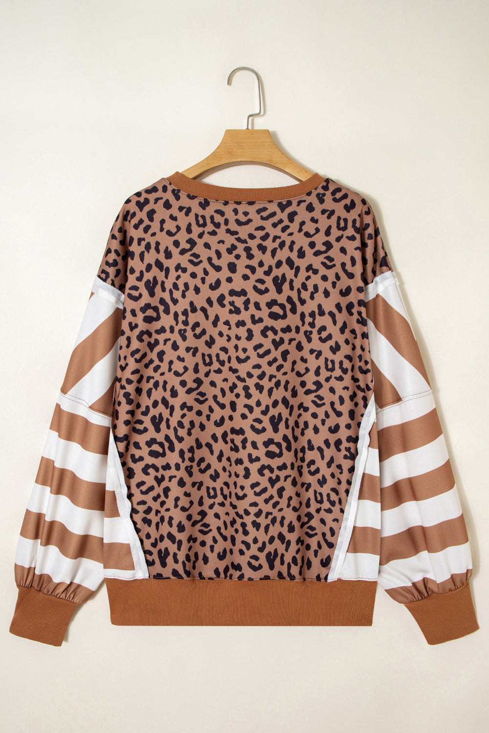 Khaki Leopard Striped Patchwork Plus Size Loose Sweatshirt-Plus Size/Plus Size Sweatshirts & Hoodies-[Adult]-[Female]-2022 Online Blue Zone Planet