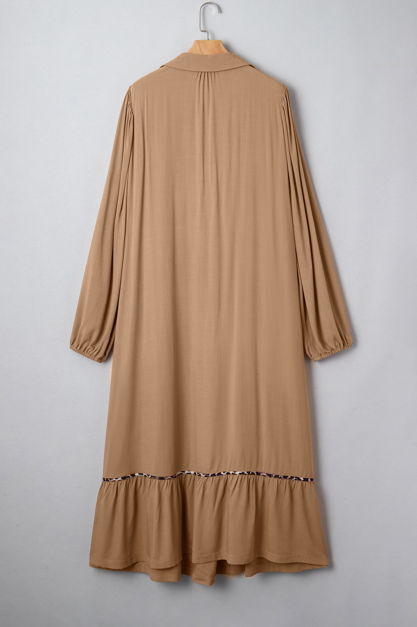 Chestnut Smocked V Neckline Leopard Piping Accent Bracelet Plus Size Long Dress-TOPS / DRESSES-[Adult]-[Female]-2022 Online Blue Zone Planet