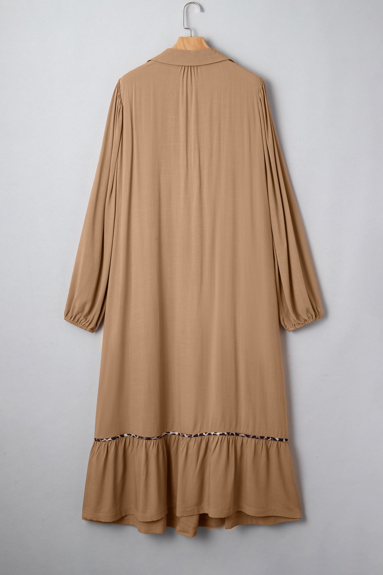 Chestnut Smocked V Neckline Leopard Piping Accent Bracelet Plus Size Long Dress-TOPS / DRESSES-[Adult]-[Female]-2022 Online Blue Zone Planet