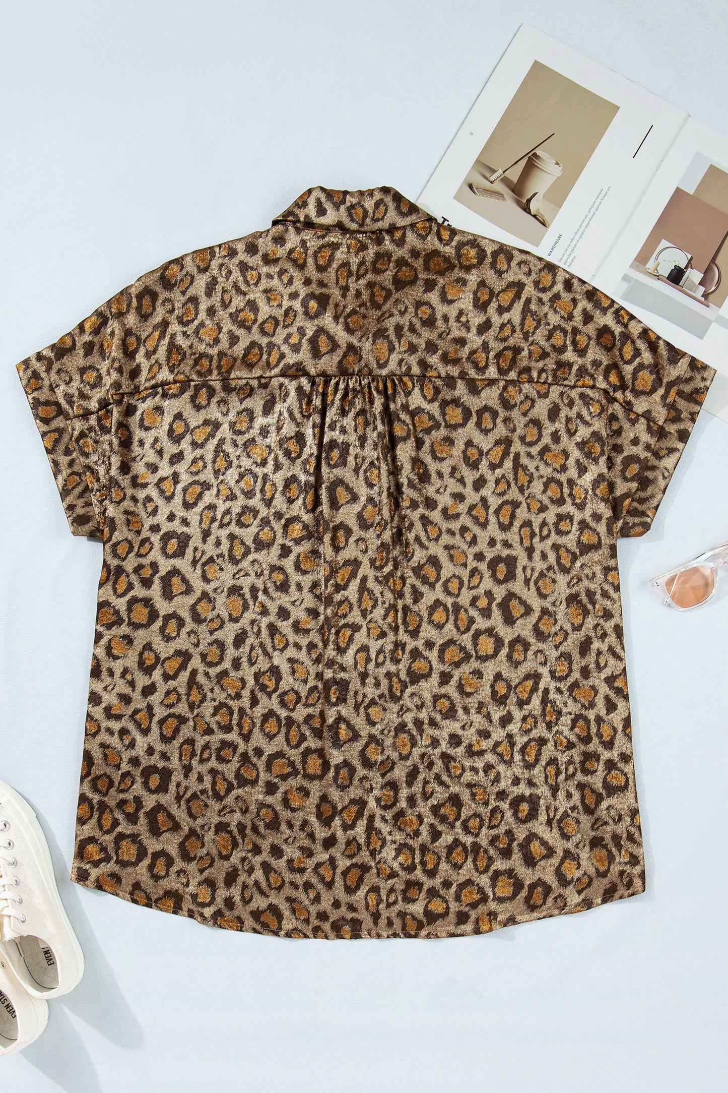 Gold Plus Size Leopard Print Short Sleeve Dolman Shirt-Plus Size/Plus Size Tops/Plus Size Blouses & Shirts-[Adult]-[Female]-2022 Online Blue Zone Planet