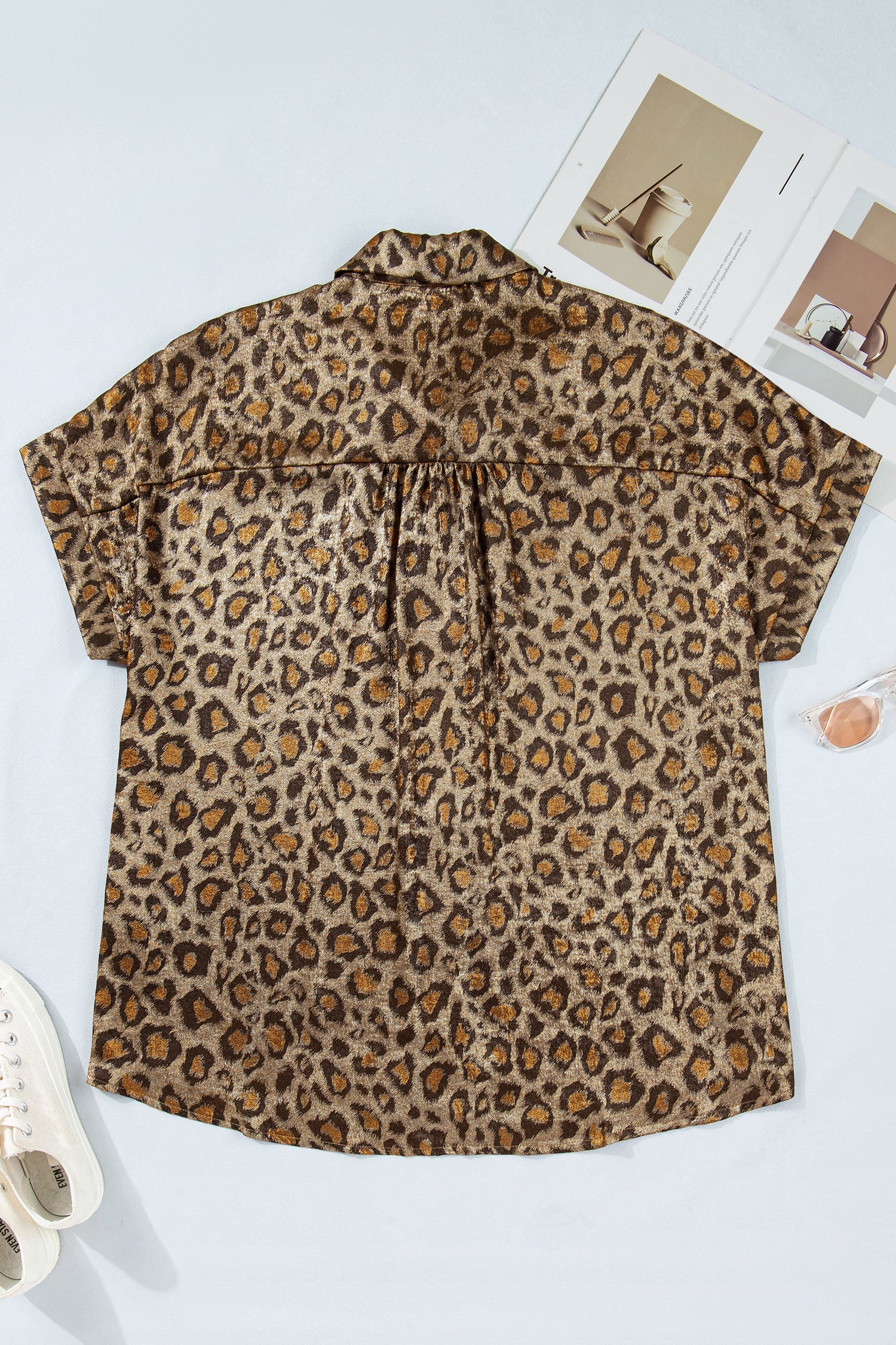 Gold Plus Size Leopard Print Short Sleeve Dolman Shirt-Plus Size/Plus Size Tops/Plus Size Blouses & Shirts-[Adult]-[Female]-2022 Online Blue Zone Planet