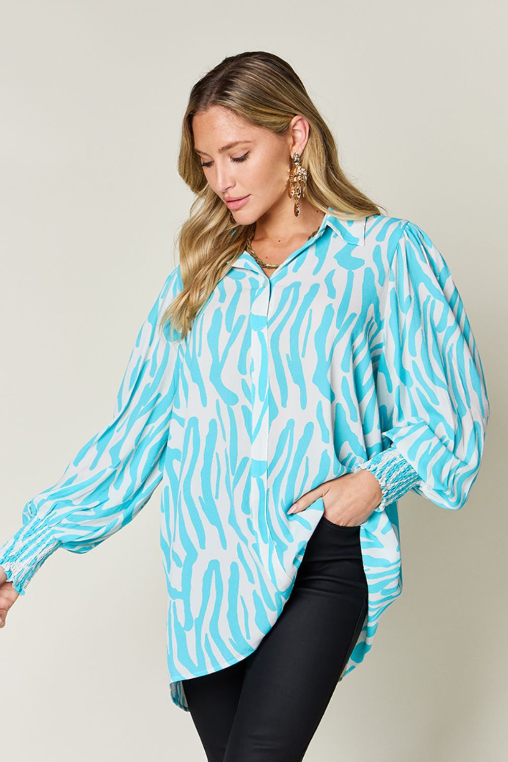 Blue Zone Planet | Double Take Full Size Printed Smocked Long Sleeve Blouse-TOPS / DRESSES-[Adult]-[Female]-2022 Online Blue Zone Planet