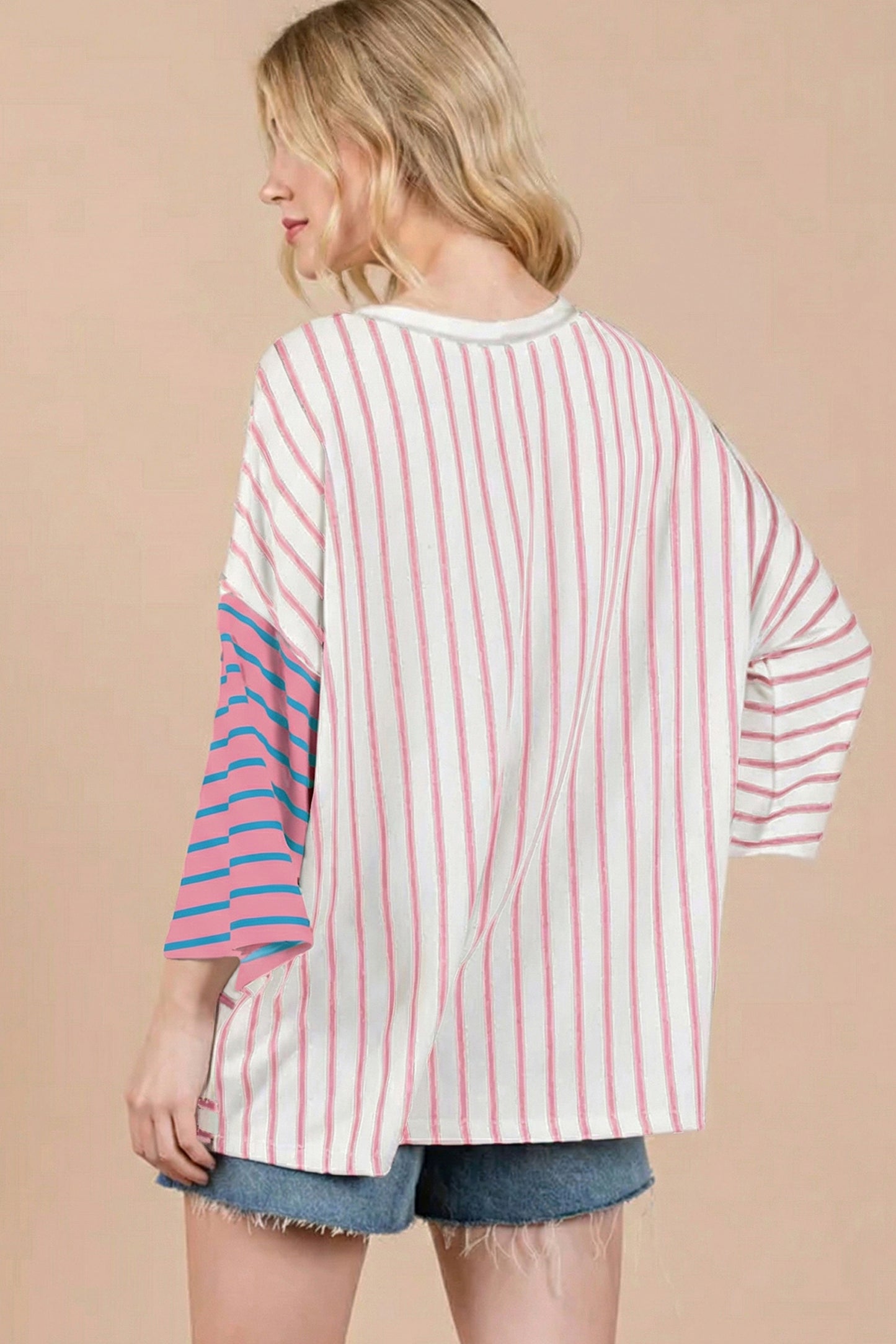Green Stripe Colorblock 3/4 Sleeve Loose T Shirt-Tops/Tops & Tees-[Adult]-[Female]-2022 Online Blue Zone Planet