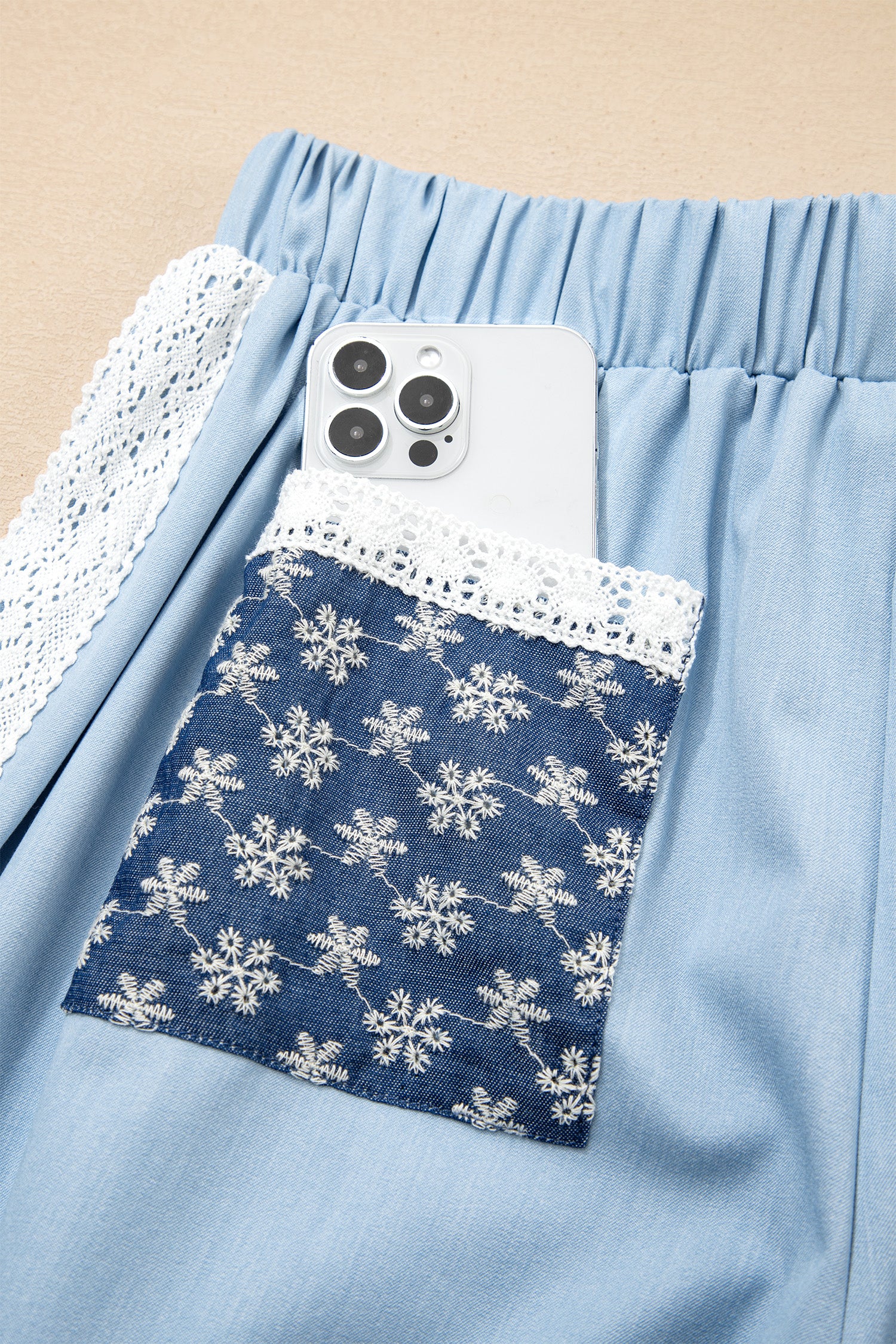 Beau Blue Lace Accent Floral Patched Pocket Pleated Wide Leg Slouchy Pants-Bottoms/Pants & Culotte-[Adult]-[Female]-2022 Online Blue Zone Planet