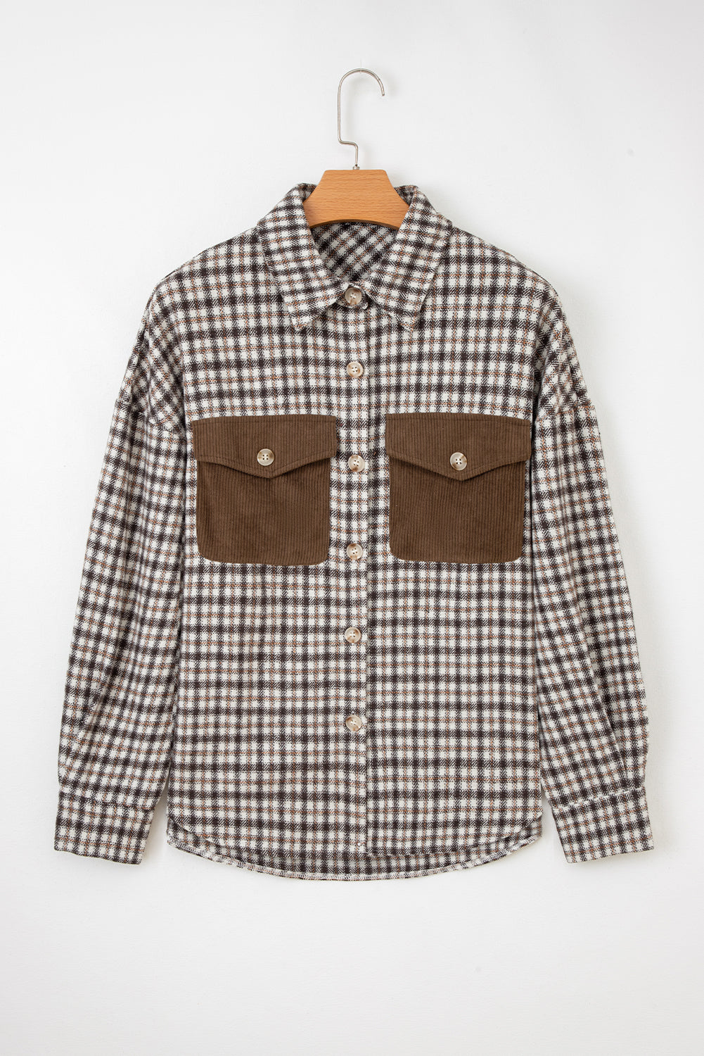 Casual Contrast Corduroy Flap Pocket Patchwork Plaid Shacket-Outerwear/Plaid Shackets-[Adult]-[Female]-2022 Online Blue Zone Planet