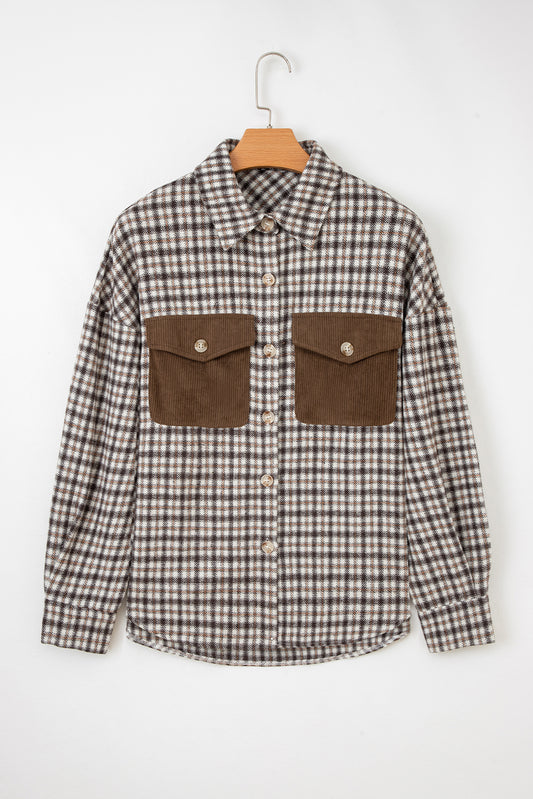 Casual Contrast Corduroy Flap Pocket Patchwork Plaid Shacket-Outerwear/Plaid Shackets-[Adult]-[Female]-2022 Online Blue Zone Planet