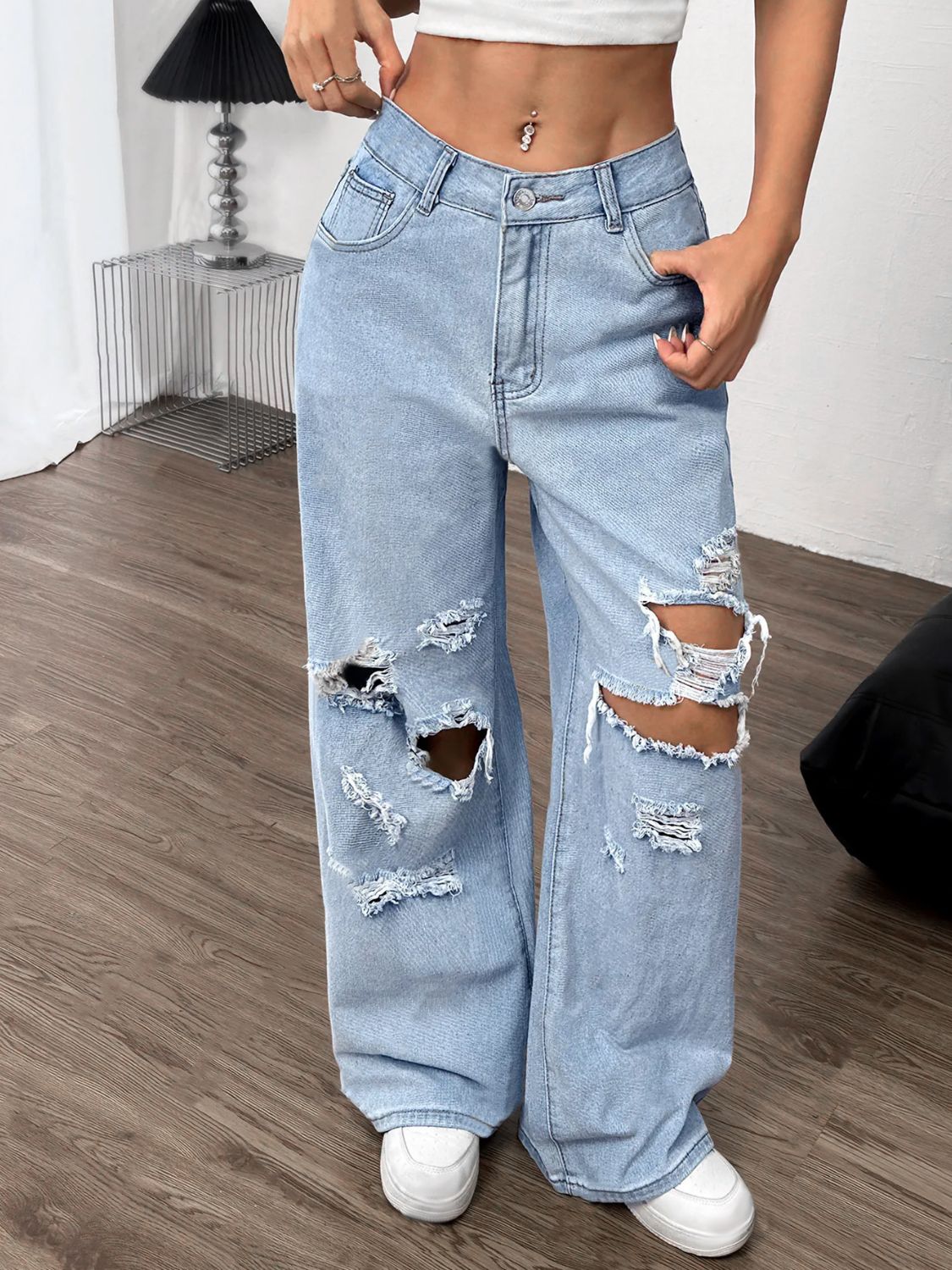 Distressed Wide Leg Jeans with Pockets-BOTTOM SIZES SMALL MEDIUM LARGE-[Adult]-[Female]-Light-XS-2022 Online Blue Zone Planet