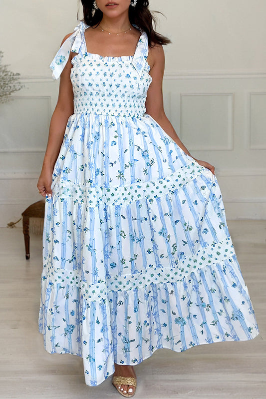 Sky Blue Floral Smocked Tied Straps A-Lined Tiered Maxi Dress-TOPS / DRESSES-[Adult]-[Female]-Sky Blue-S-2022 Online Blue Zone Planet
