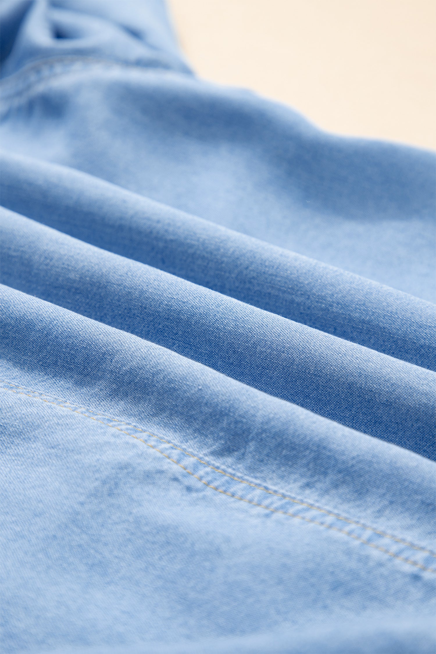 Beau Blue Half Sleeve Button Down Ruffled High Low Chambray Shirt-Tops/Blouses & Shirts-[Adult]-[Female]-2022 Online Blue Zone Planet