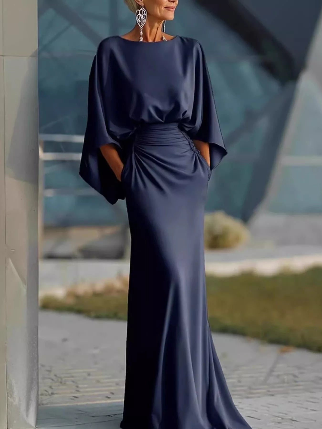 navy blue batwing dress SHEIN Clasi Plus Size Women's Batwing Sleeve Floral Decor Elegant Dress Formal Wedding Navy Blue Autumn Fall