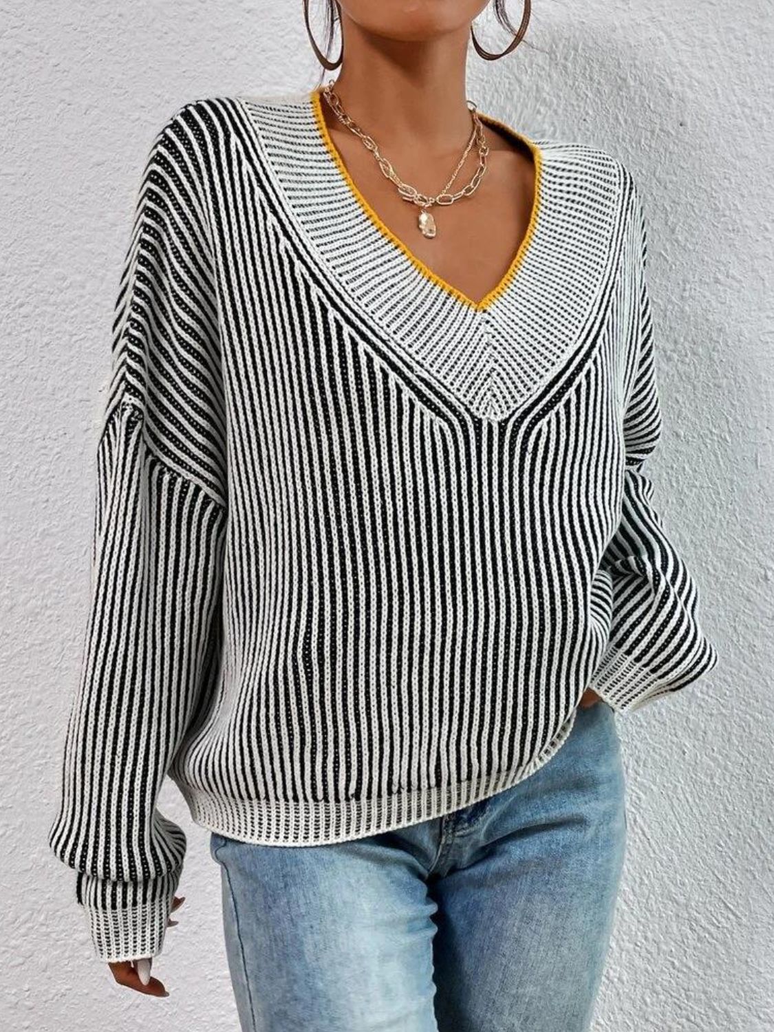 Striped V-Neck Long Sleeve Sweater-TOPS / DRESSES-[Adult]-[Female]-2022 Online Blue Zone Planet