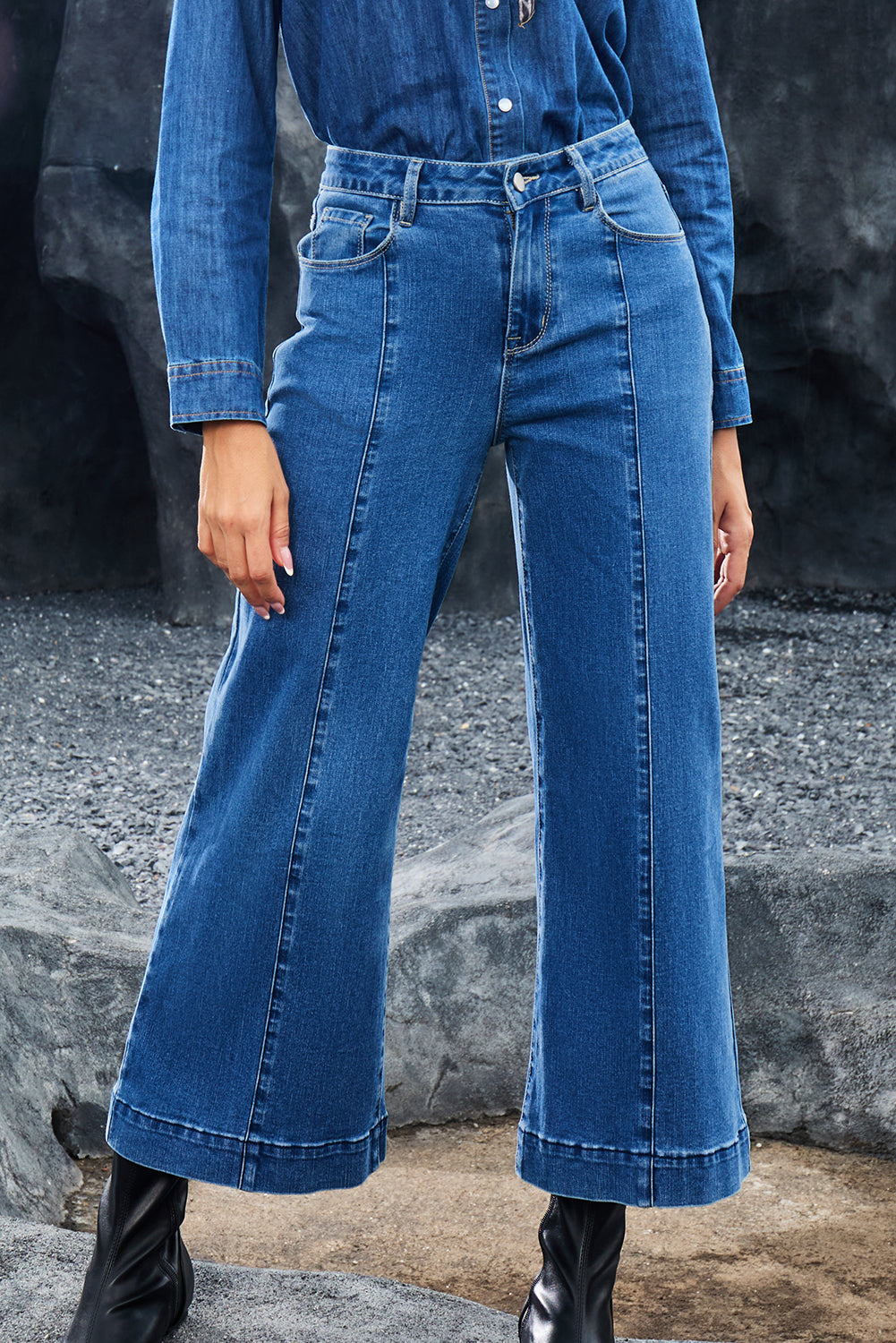 Dark Blue Plain Seam Detail Flared Bottom Ankle Length Jeans-Bottoms/Jeans-[Adult]-[Female]-2022 Online Blue Zone Planet