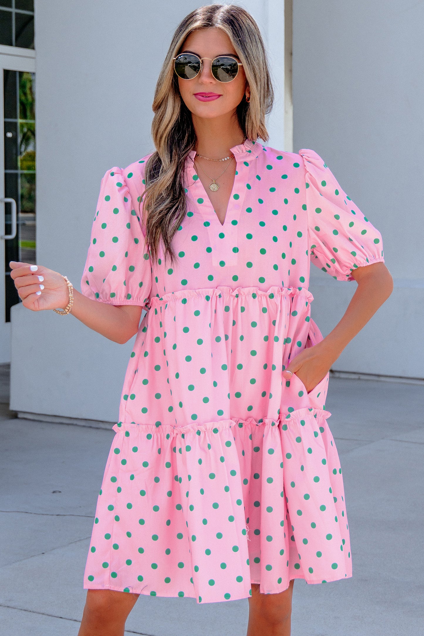 Pink Polka Dot Print V Neck Short Sleeve Tiered Mini Dress-TOPS / DRESSES-[Adult]-[Female]-2022 Online Blue Zone Planet