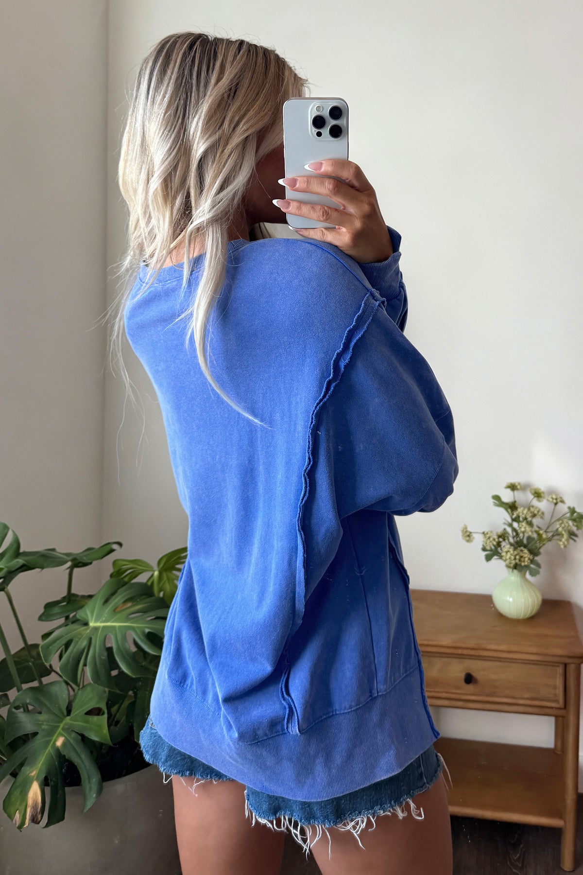 Sky Blue Mineral Wash Split Hem Loose Tunic Sweatshirt-Tops/Sweatshirts & Hoodies-[Adult]-[Female]-2022 Online Blue Zone Planet