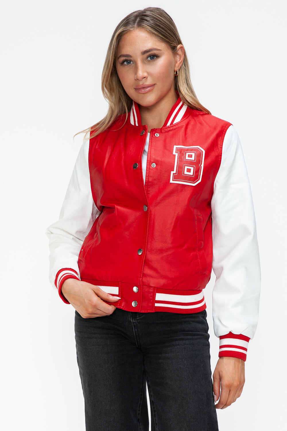 Blue Zone Planet | Love Me Now PU Leather Contrast Snap Down Bomber Jacket-TOPS / DRESSES-[Adult]-[Female]-Red/White-S-2022 Online Blue Zone Planet