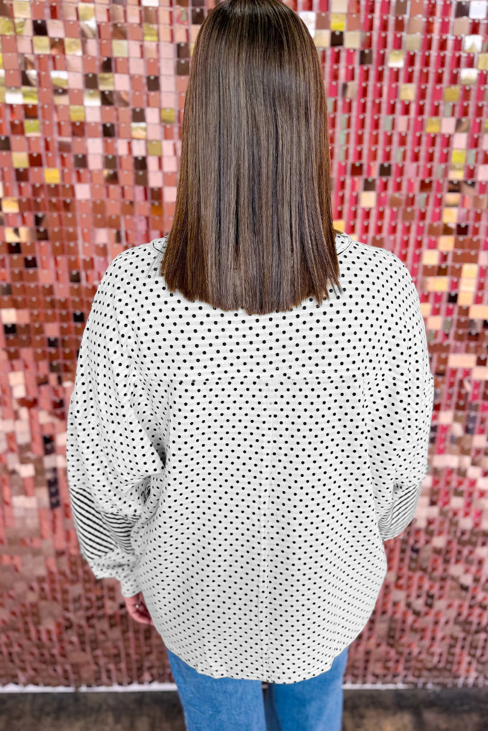 Beige Plus Size Dot Print Striped Patchwork Long Sleeve Henley Top-Plus Size/Plus Size Tops/Plus Size Blouses & Shirts-[Adult]-[Female]-2022 Online Blue Zone Planet