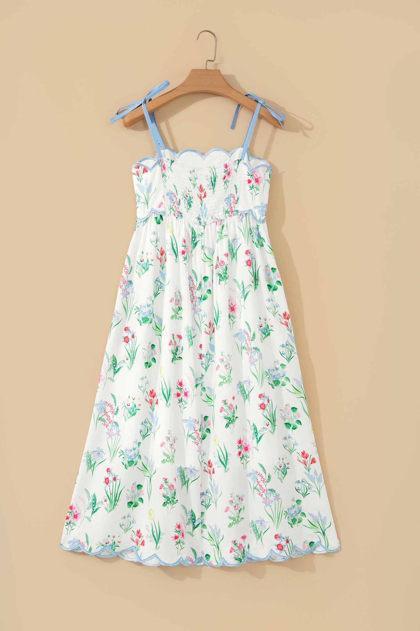 Beige Floral Print Contrast Trim Self-tie Straps High Waist Midi Dress-TOPS / DRESSES-[Adult]-[Female]-2022 Online Blue Zone Planet
