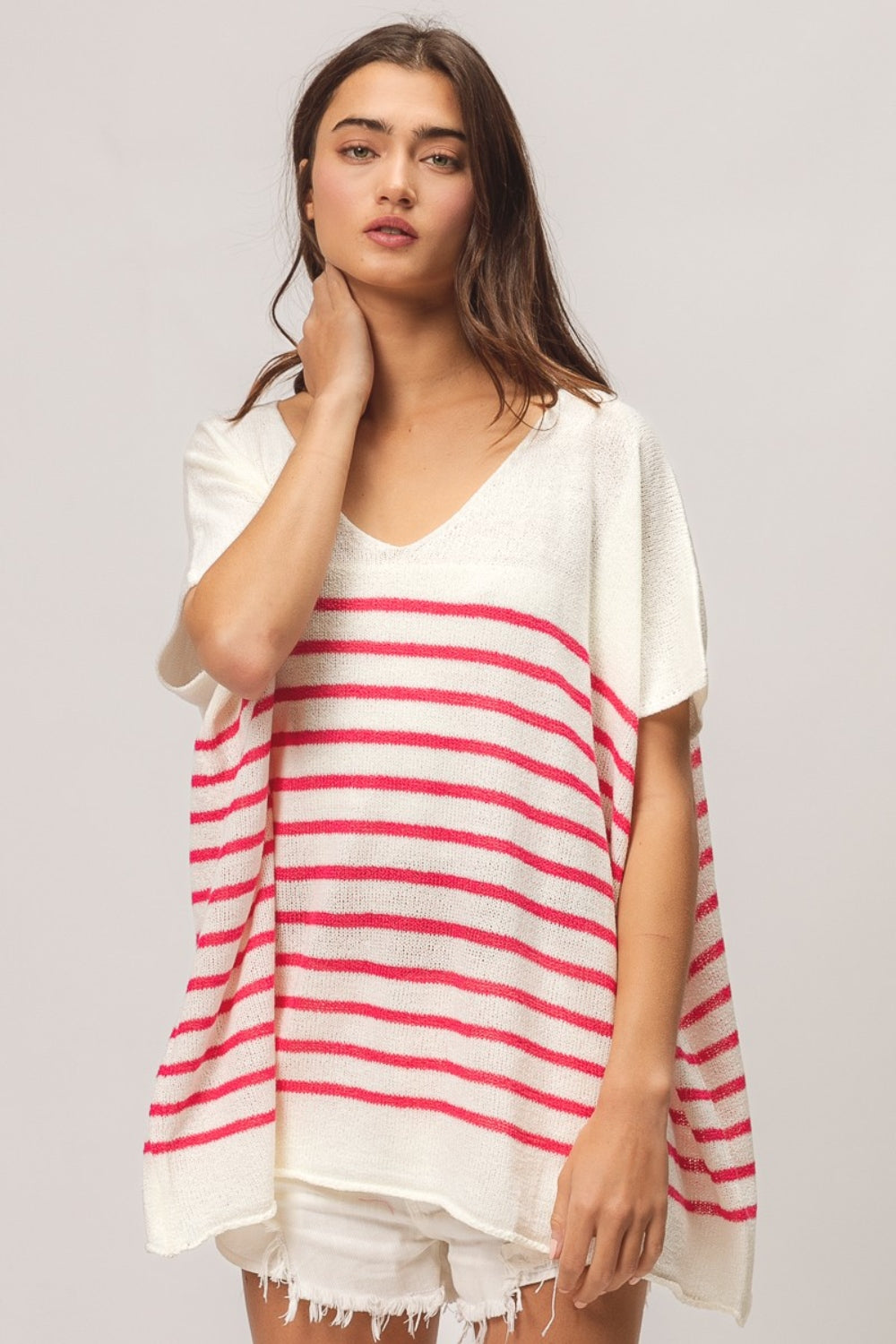 BiBi V Neck Striped Short Sleeve Top-TOPS / DRESSES-[Adult]-[Female]-2022 Online Blue Zone Planet