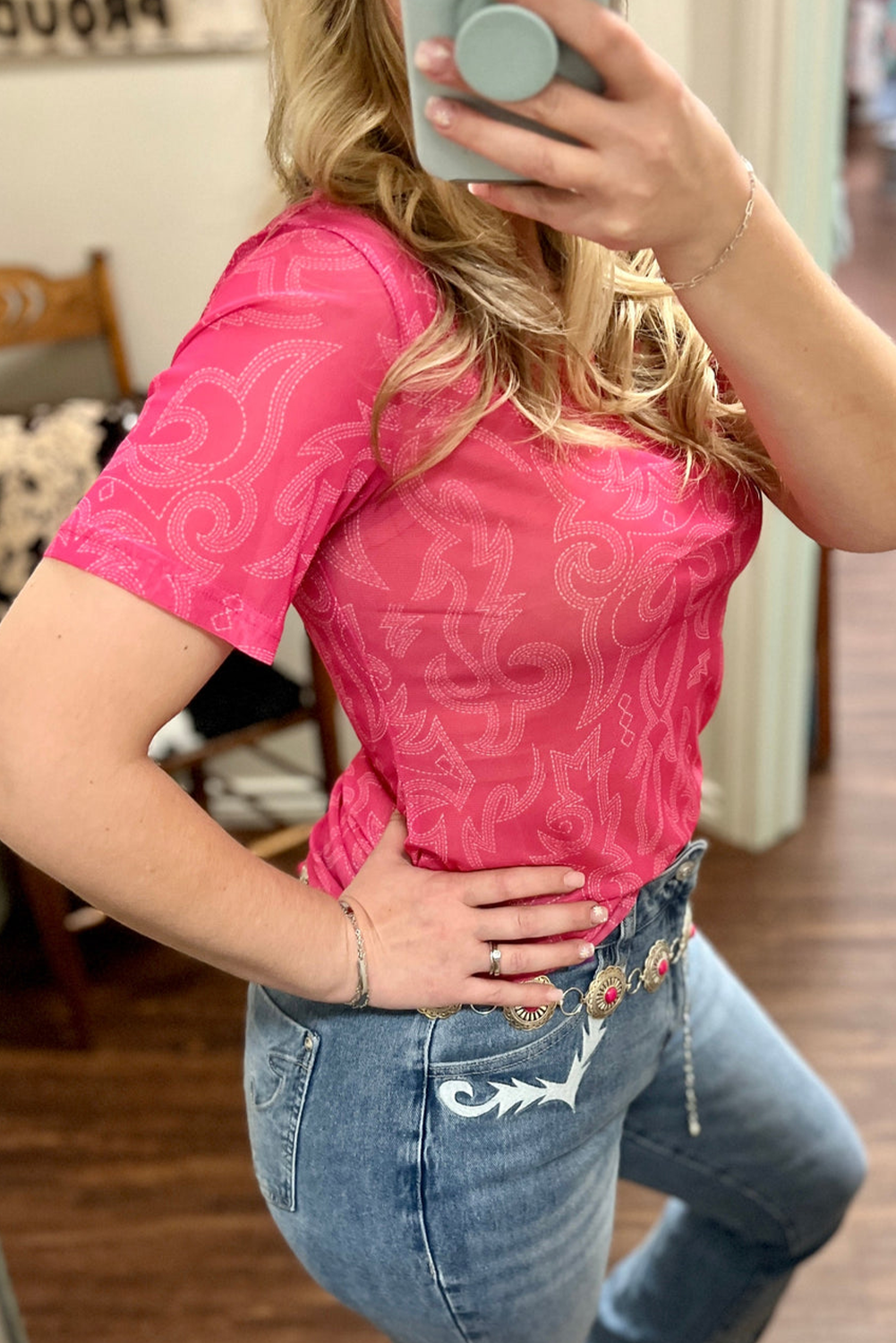 Red Western Girls Mesh T Shirt-Tops/Tops & Tees-[Adult]-[Female]-2022 Online Blue Zone Planet