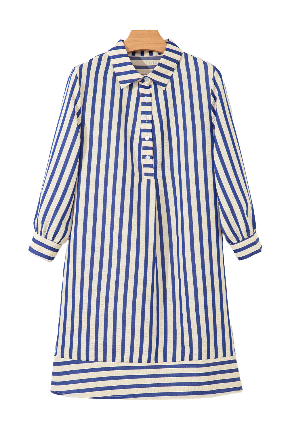 Blue Stripe Collared Half Button Side Pockets Loose Fit Mini Dress-Dresses/Mini Dresses-[Adult]-[Female]-2022 Online Blue Zone Planet