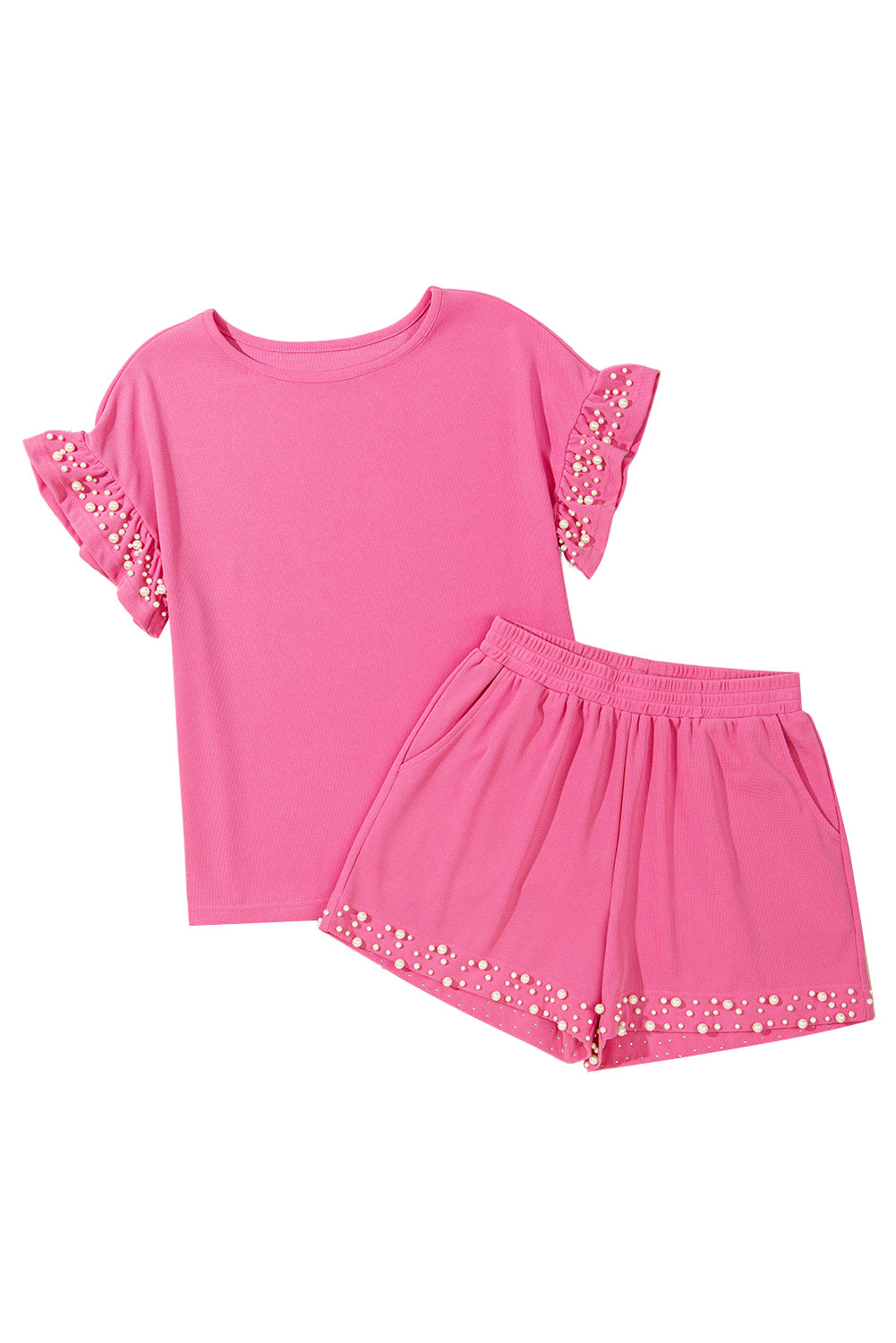 Bright Pink Textured Pearled Ruffle Sleeve Top 2 Piece Shorts Set-Two Piece Sets/Short Sets-[Adult]-[Female]-2022 Online Blue Zone Planet